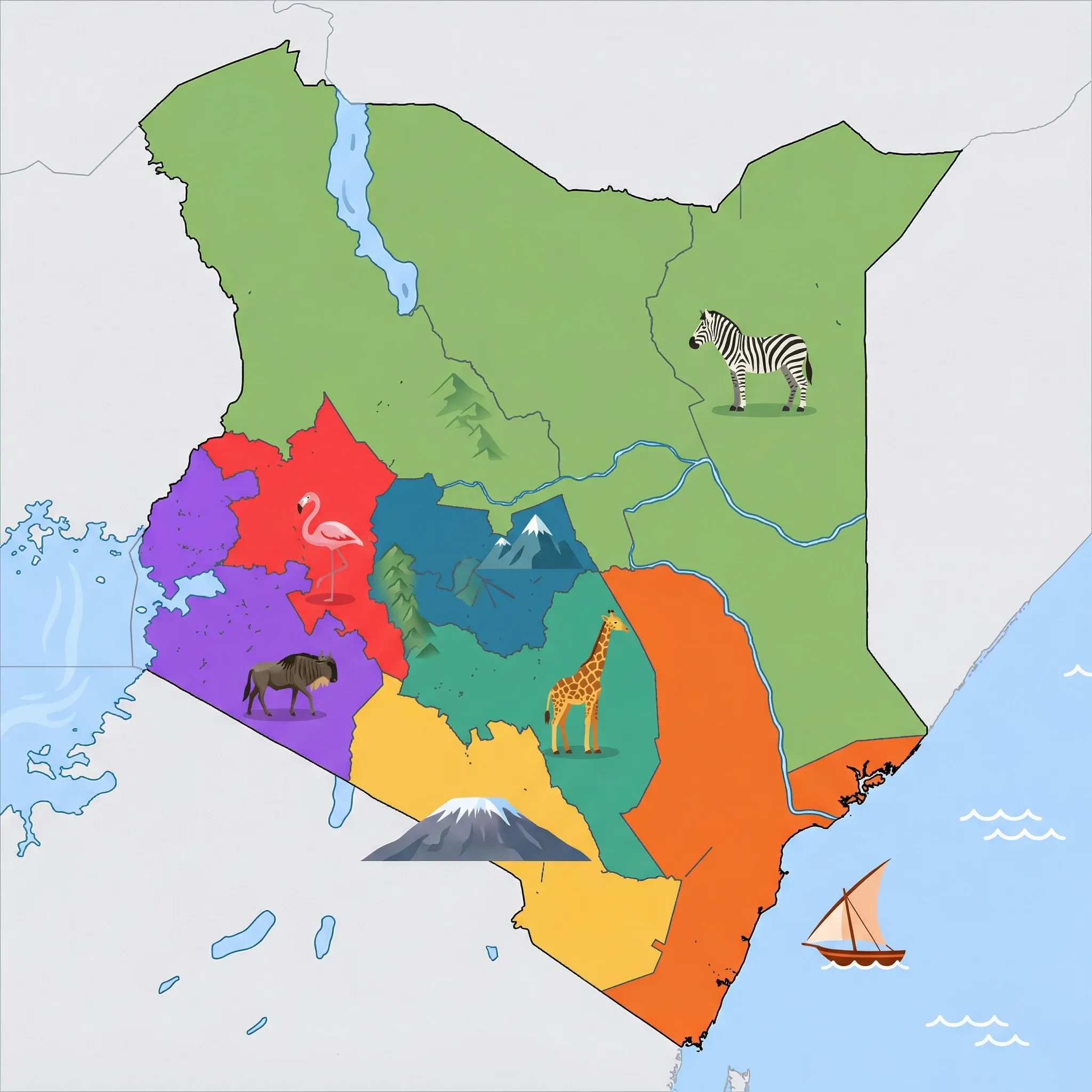 Colourful illustrated map of Kenya showing 7 tourist regions including Amboseli & Tsavo (southern parks), Northern Kenya (Samburu, Turkana), and Mount Kenya region, decorated with iconic landmarks like Mount Kilimanjaro View, Grevy's Zebra, Mount Kenya Peak, Pink Flamingo, and Rothschild Giraffe, with geographic features including Mount Kenya, Great Rift Valley, Lake Victoria, and Lake Turkana.