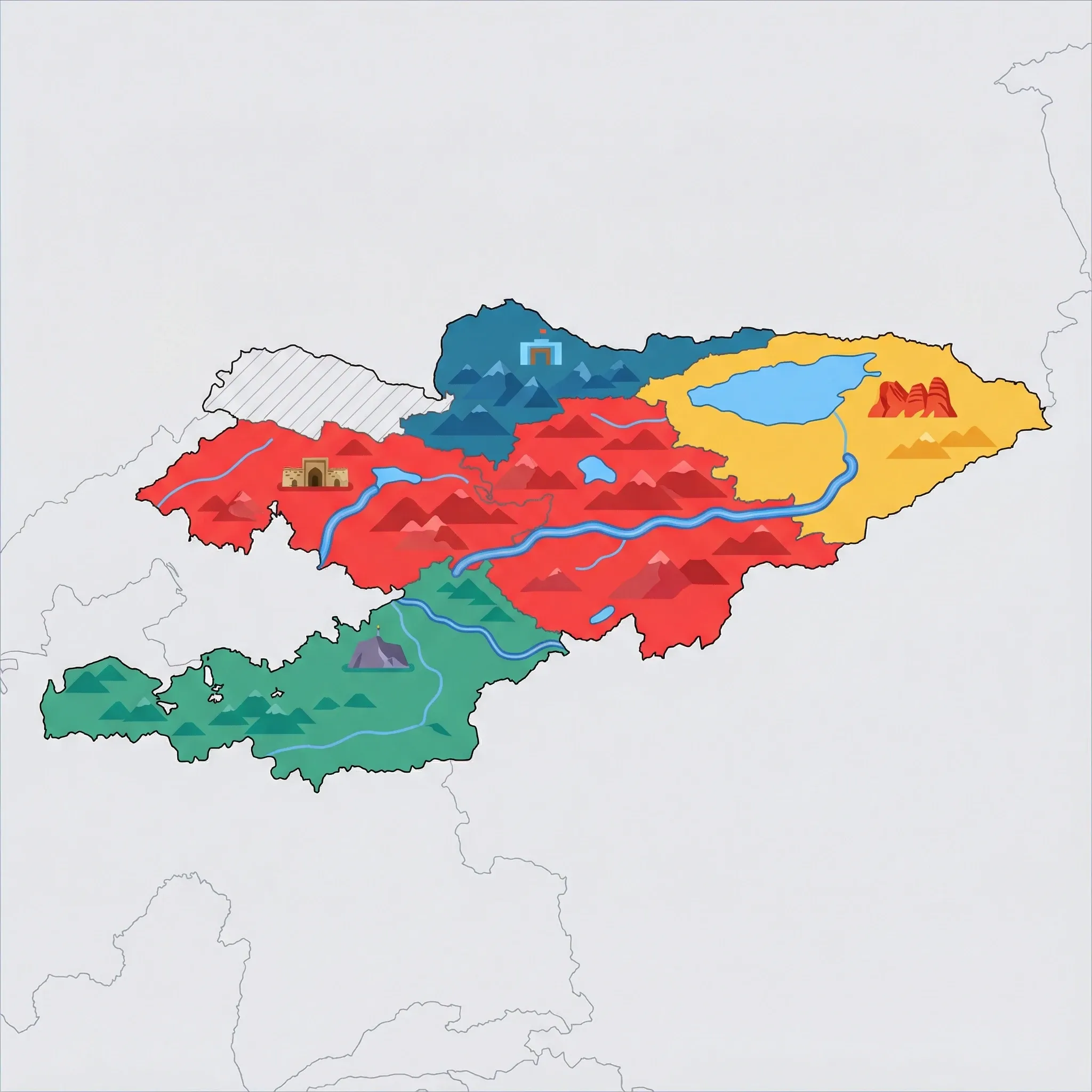 Colourful illustrated map of Kyrgyzstan showing 4 tourist regions including Song-Kul & Central Mountains, Issyk-Kul Lake, and Osh & South, decorated with iconic landmarks like Tash Rabat Caravanserai, Jeti-Oguz Rocks, Sulayman-Too Mountain, and Ala-Too Square, with geographic features including Tian Shan Mountains, Issyk-Kul Lake, Pamir-Alay Range, and Naryn River.