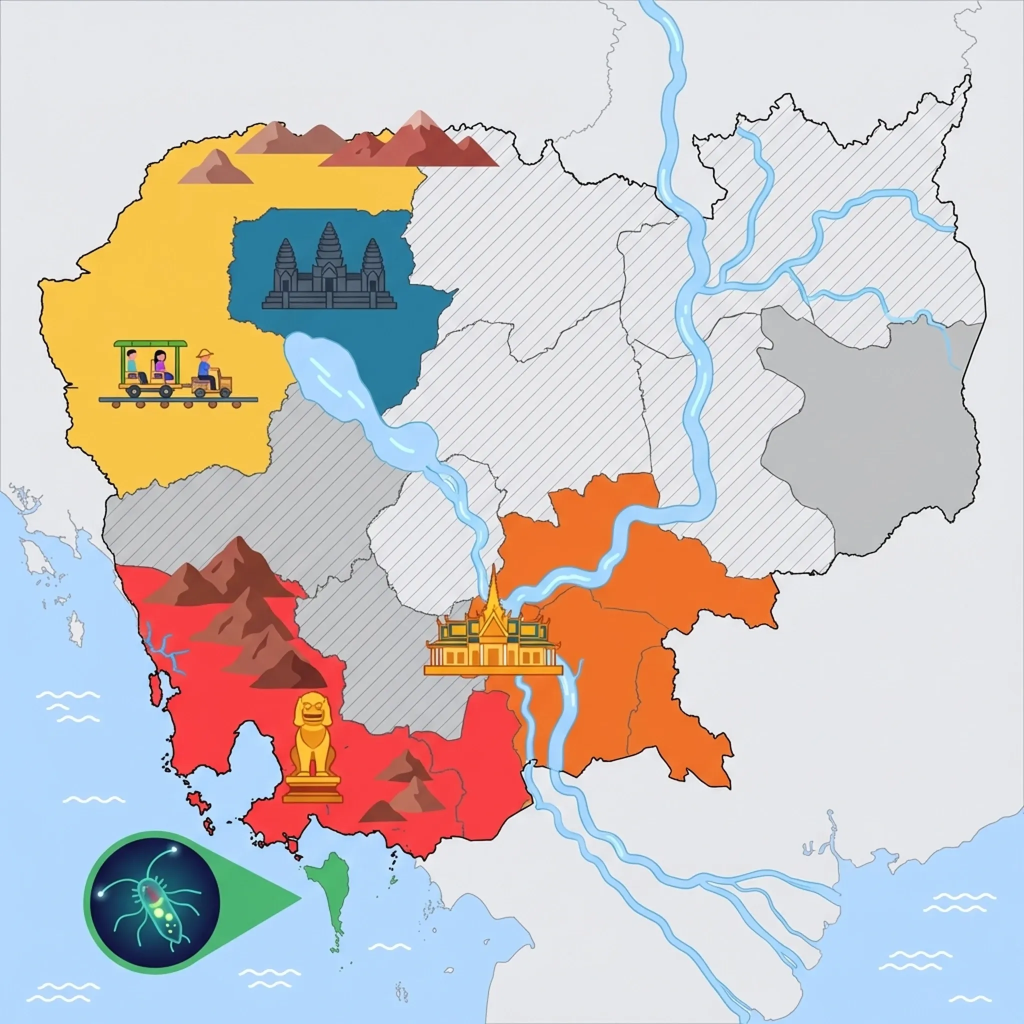 Colourful illustrated map of Cambodia showing 5 tourist regions including Siem Reap (Angkor Wat), Sihanoukville & Coast, and Koh Rong Islands, decorated with iconic landmarks like Angkor Wat Towers, Golden Lions Monument, Bioluminescent Plankton, Royal Palace Golden Spires, and Bamboo Train (Norry), with geographic features including Mekong River, Tonle Sap Lake, Cardamom Mountains, and Elephant Mountains.