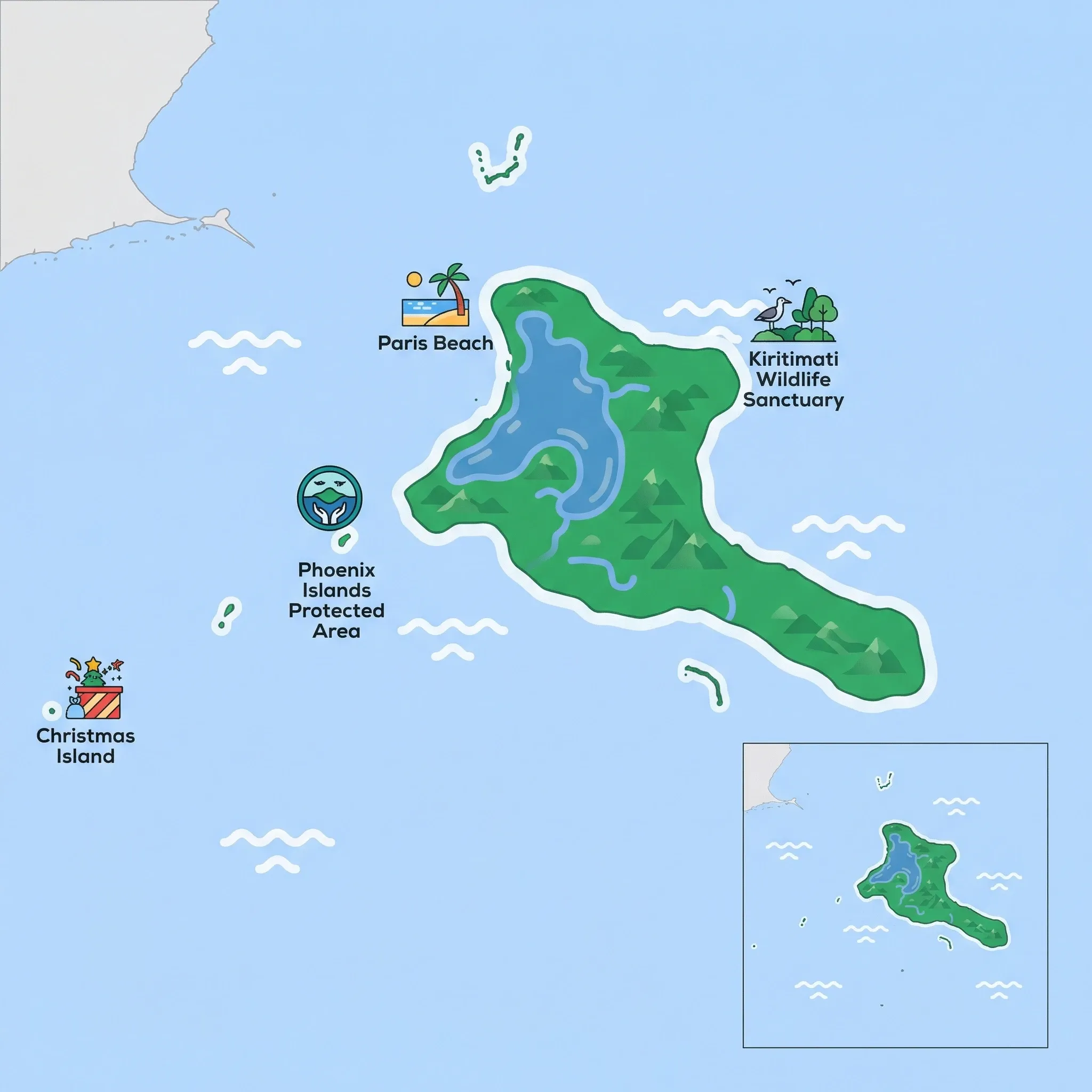 Colourful illustrated map of Kiribati showing 1 tourist regions including Kiribati, decorated with iconic landmarks like Paris Beach, Kiritimati Wildlife Sanctuary, Phoenix Islands Protected Area, and Christmas Island, with geographic features including Gilbert Islands, Phoenix Islands, Line Islands, and Kiritimati Atoll.