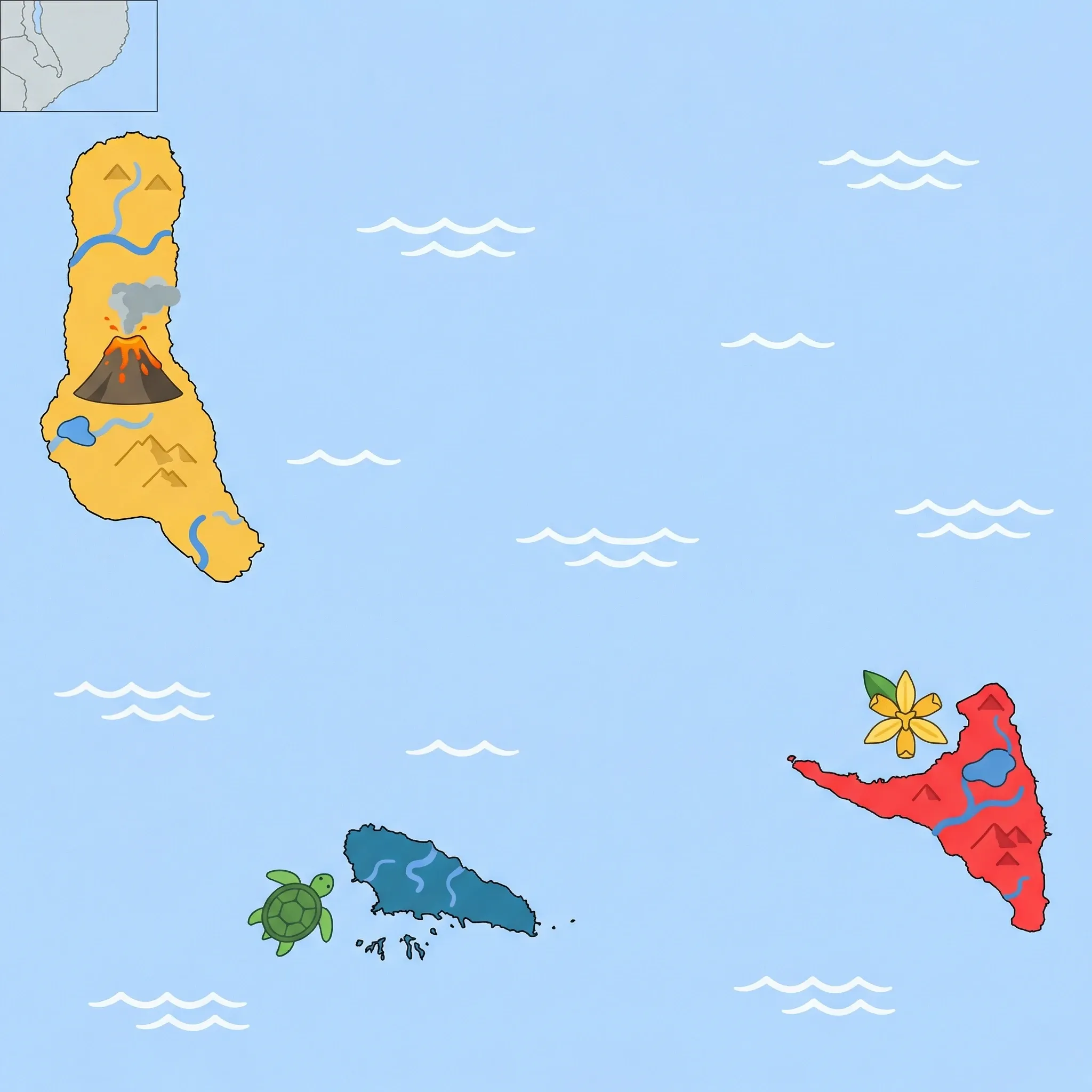 Colourful illustrated map of Comoros showing 3 tourist regions including Mohéli, Anjouan, Grande Comore (Moroni, volcano), decorated with iconic landmarks like Green Sea Turtle, Ylang-ylang Flower, and Mount Karthala Volcano, with geographic features including Mount Karthala, Mount Ntingui, Lake Dzialandzé, and Lac Salé.