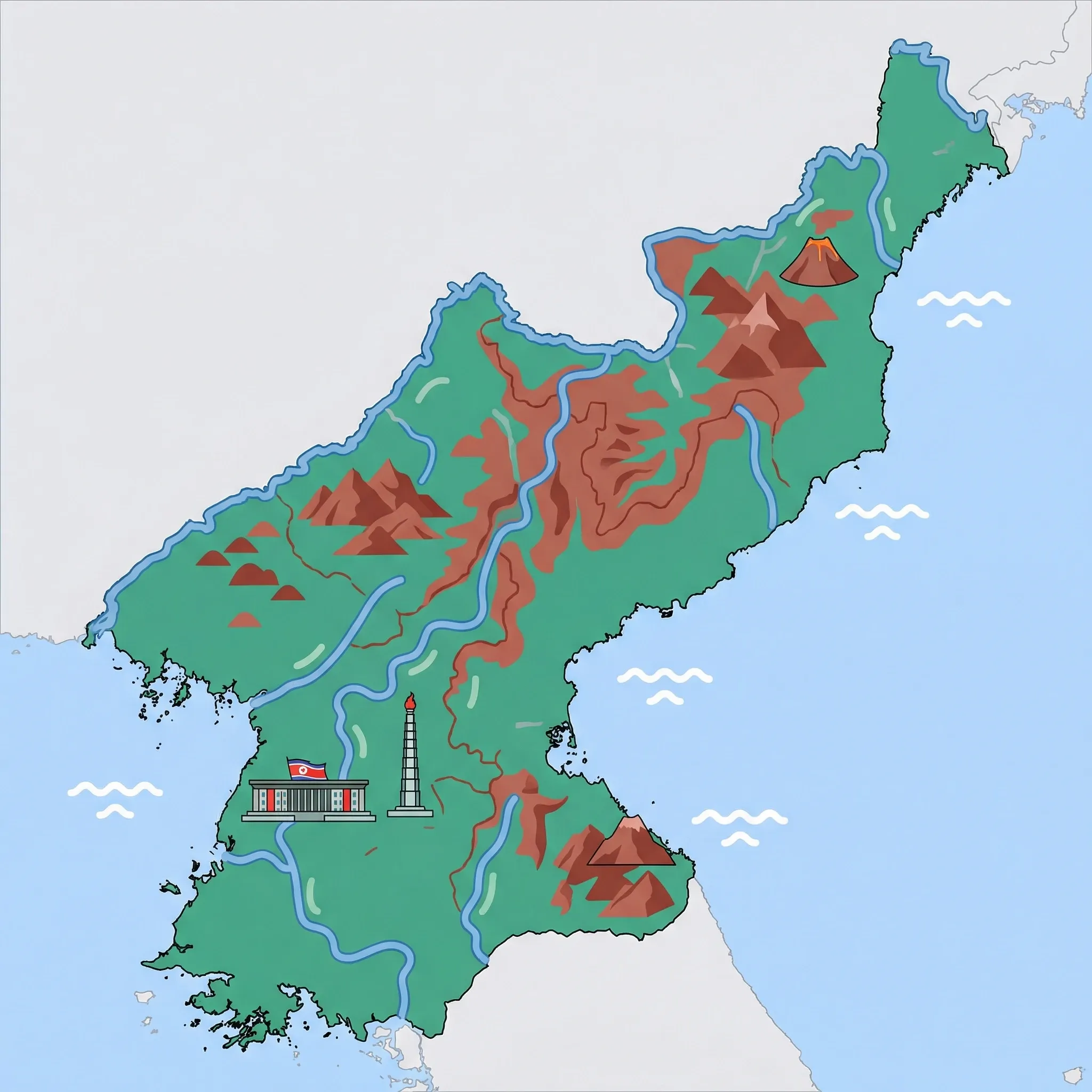 Colourful illustrated map of North Korea showing 1 tourist regions including North Korea, decorated with iconic landmarks like Kim Il-sung Square, Juche Tower, Mount Paektu, and Mount Kumgang, with geographic features including Mount Paektu, Mount Kumgang, Taedong River, and Yalu River.