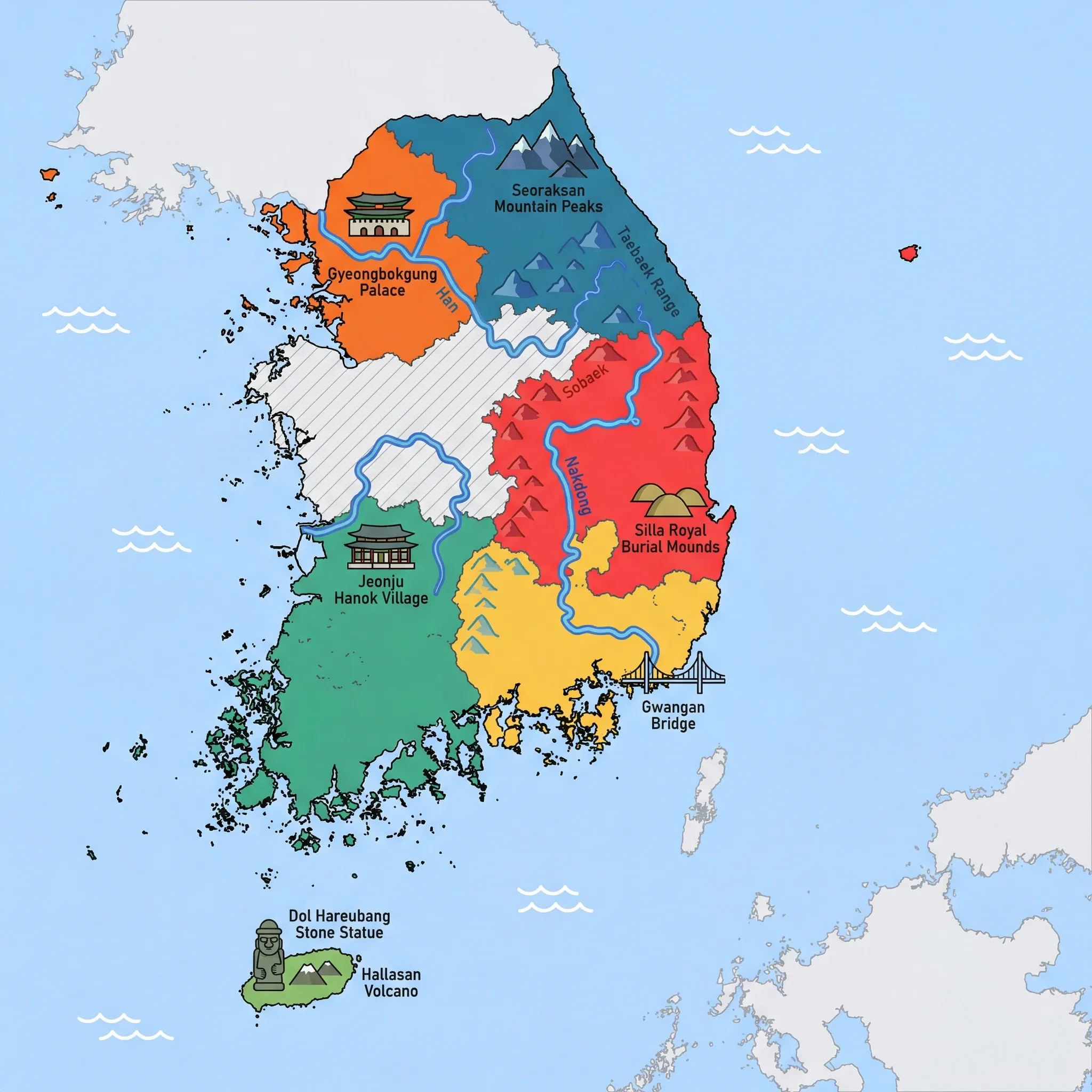 Colourful illustrated map of South Korea showing 6 tourist regions including Seoul & Gyeonggi, Jeju Island, and Gyeongju (historic), decorated with iconic landmarks like Gyeongbokgung Palace, Dol Hareubang Stone Statue, Silla Royal Burial Mounds, Seoraksan Mountain Peaks, and Gwangan Bridge, with geographic features including Han River, Taebaek Mountains, Sobaek Mountains, and Nakdong River.
