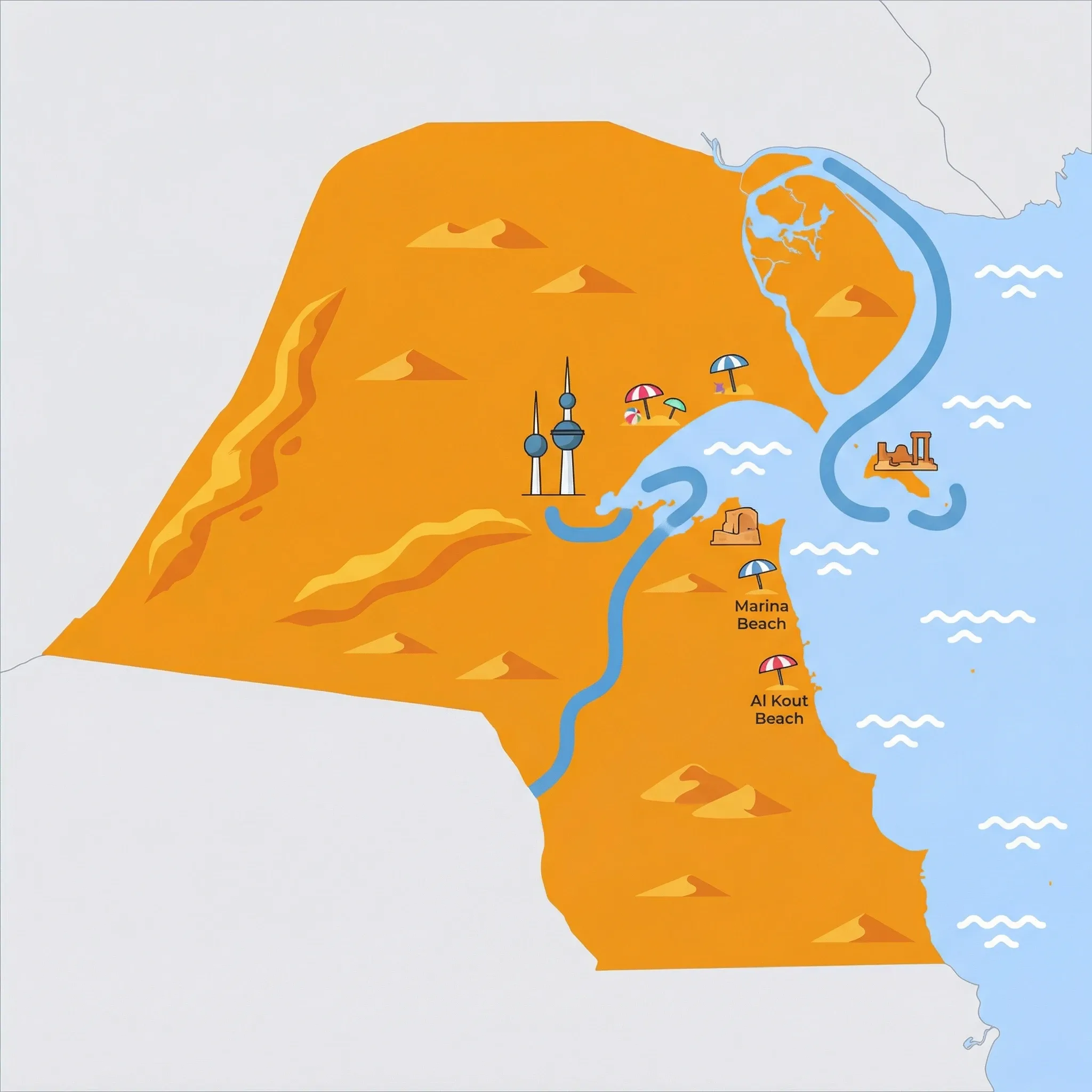 Colourful illustrated map of Kuwait showing 1 tourist regions including Kuwait, decorated with iconic landmarks like Kuwait Towers, Marina Beach, Al Kout Beach, and Failaka Island, with geographic features including Arabian Gulf, Kuwait Bay, Failaka Island, and Bubiyan Island.
