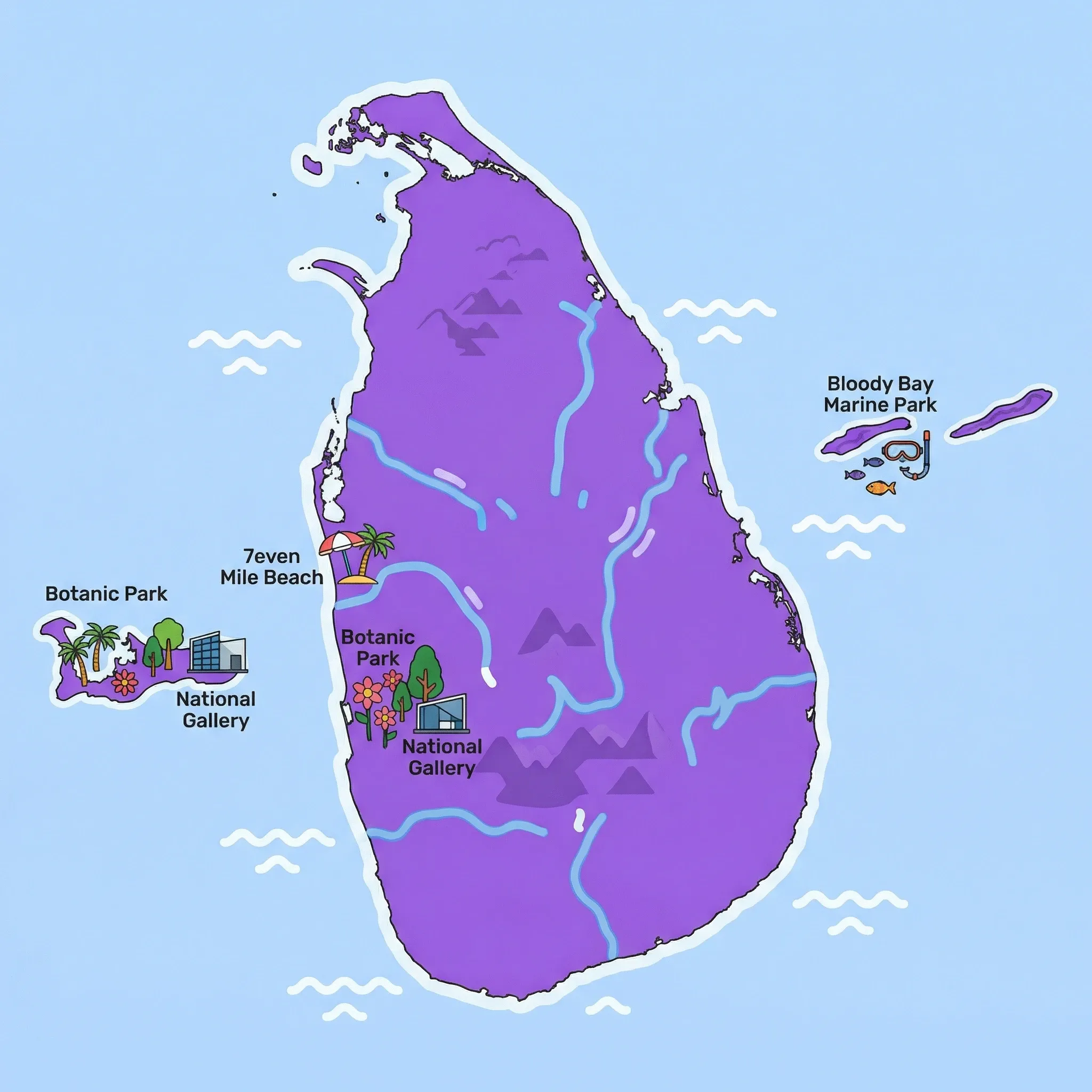 Colourful illustrated map of Cayman Islands showing 1 tourist regions including Cayman Islands, decorated with iconic landmarks like Seven Mile Beach, Bloody Bay Marine Park, Queen Elizabeth II Royal Botanic Park, and National Gallery of the Cayman Islands, with geographic features including Grand Cayman, Cayman Brac, Little Cayman, and Seven Mile Beach.