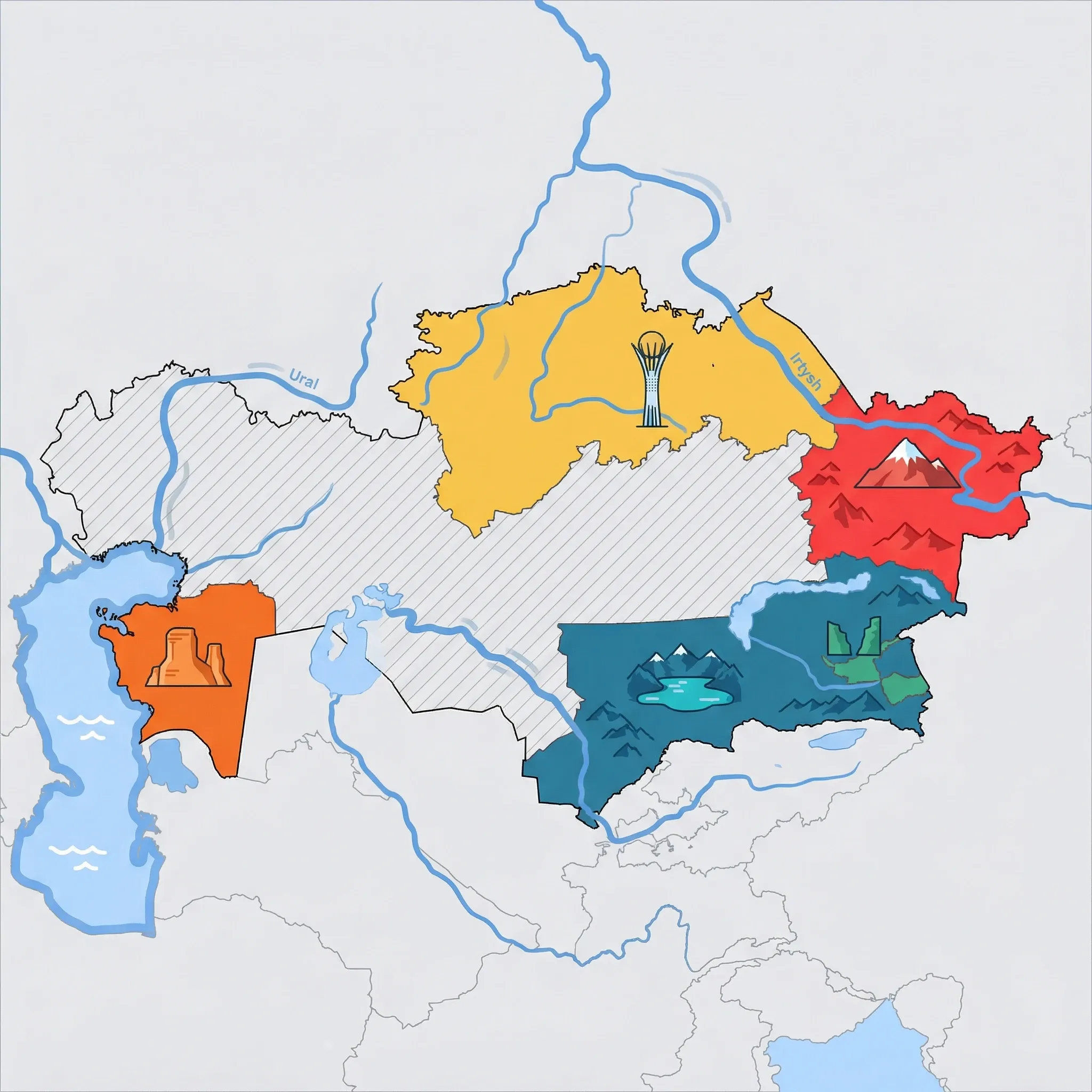 Colourful illustrated map of Kazakhstan showing 5 tourist regions including Almaty & Southeast, Altai Mountains, and Aktau & Caspian, decorated with iconic landmarks like Big Almaty Lake, Mount Belukha, Bozzhyra Chalk Formations, Baiterek Tower, and Valley of Castles, with geographic features including Caspian Sea, Altai Mountains, Tian Shan Mountains, and Lake Balkhash.