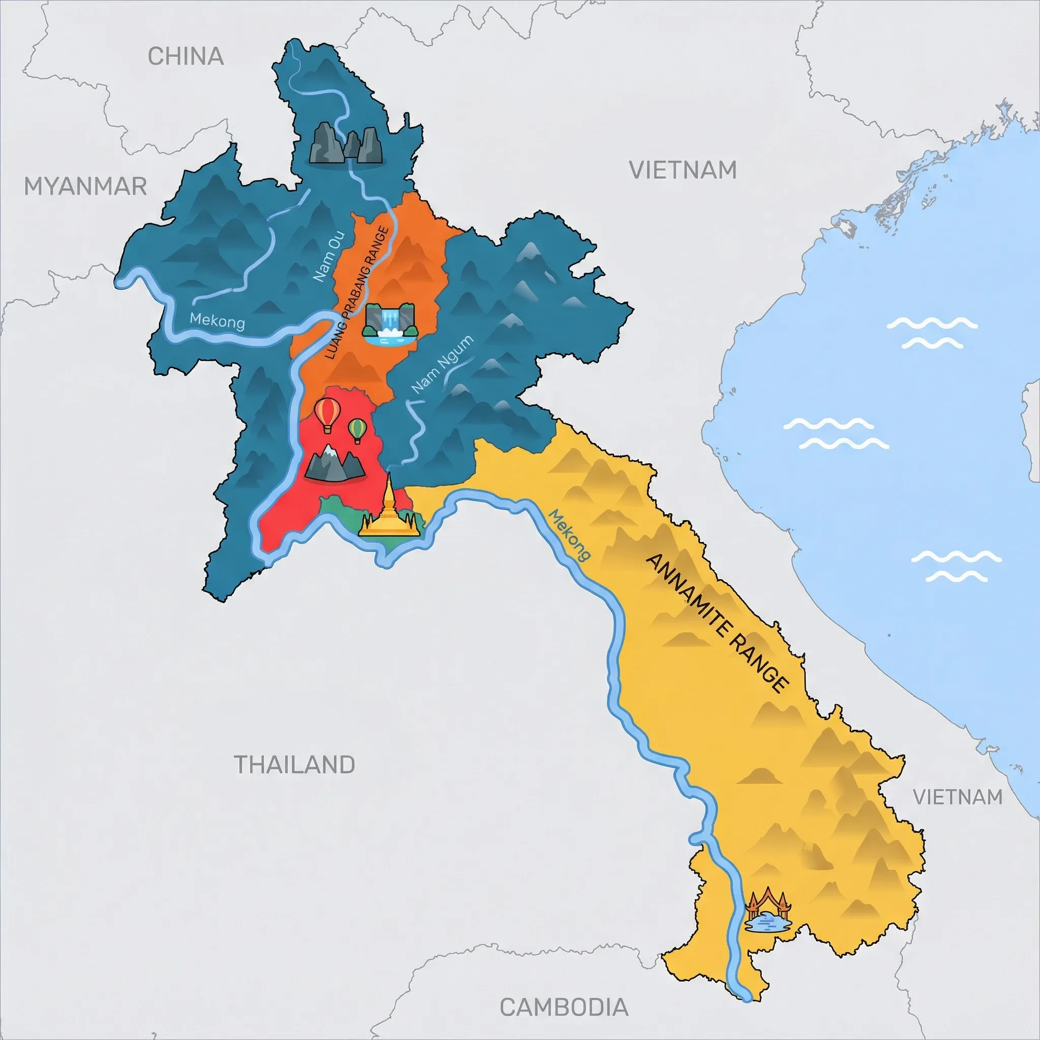 Colourful illustrated map of Laos showing 5 tourist regions including Vang Vieng, Southern Laos (4000 Islands, Bolaven Plateau), and Northern Laos (Phongsali, Muang Ngoi), decorated with iconic landmarks like Hot Air Balloons over Karst Mountains, Si Phan Don (4000 Islands), Limestone Karsts of Nong Khiaw, Pha That Luang, and Kuang Si Falls, with geographic features including Mekong River, Annamite Range, Bolaven Plateau, and Plain of Jars.