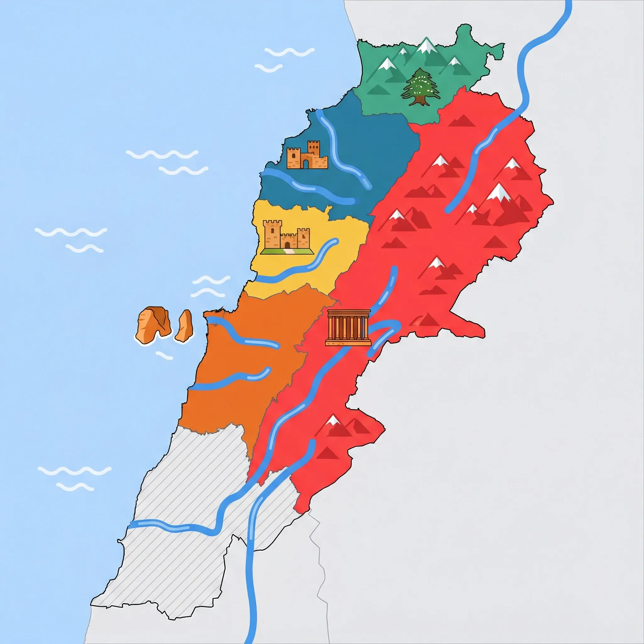 Colourful illustrated map of Lebanon showing 5 tourist regions including Beirut, Bekaa Valley (Baalbek), and Cedars & Mountains, decorated with iconic landmarks like Raouche Rocks, Temple of Bacchus, Lebanese Cedar Tree, Citadel of Tripoli, and Byblos Castle, with geographic features including Mount Lebanon Range, Anti-Lebanon Mountains, Bekaa Valley, and Litani River.