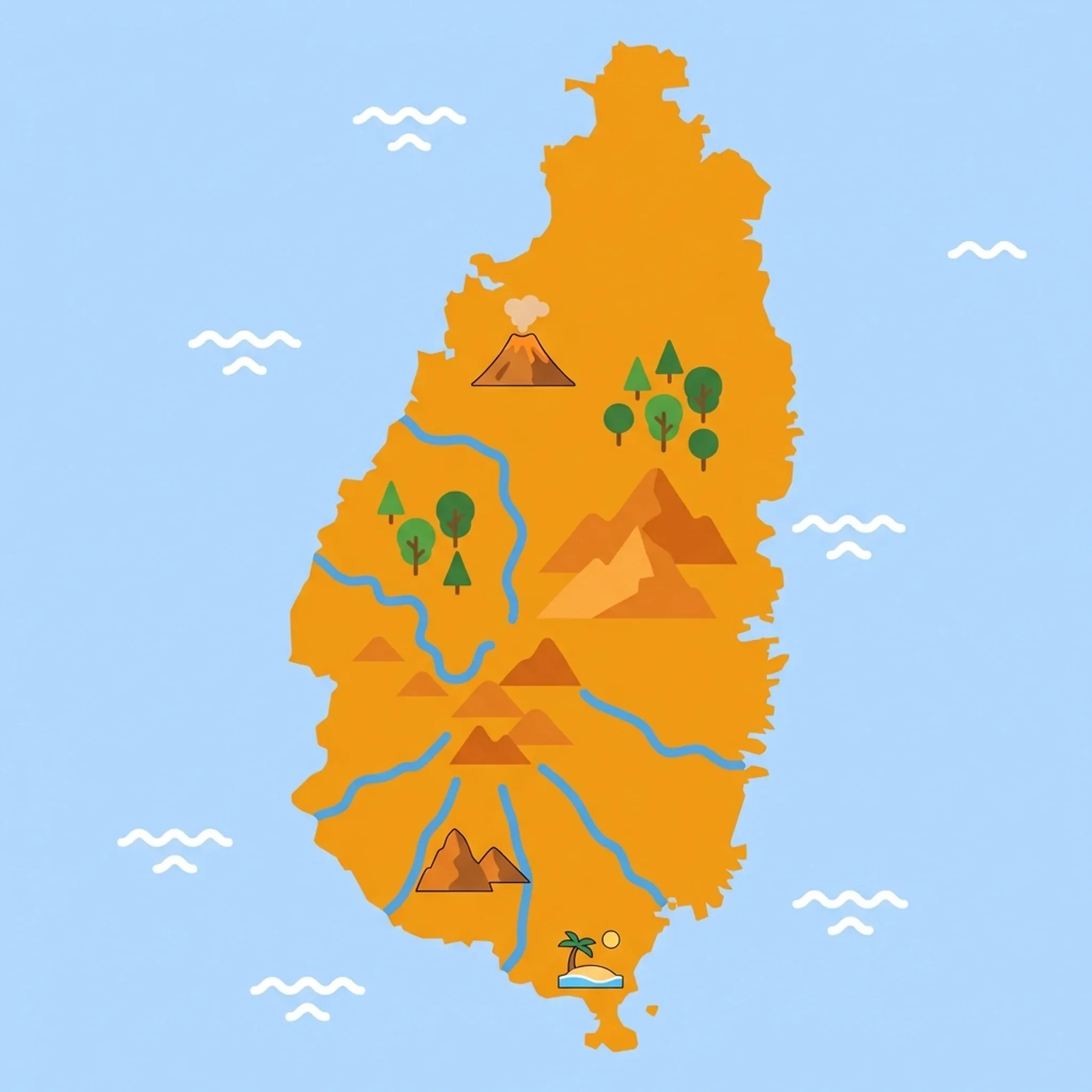 Colourful illustrated map of Saint Lucia showing 1 tourist regions including Saint Lucia, decorated with iconic landmarks like Gros Piton and petit piton, Sugar Beach, Qualibou Volcano, and Barre de l’Isle Rainforest Trail, with geographic features including The Pitons, Mount Gimie, Sulphur Springs, and Rodney Bay.