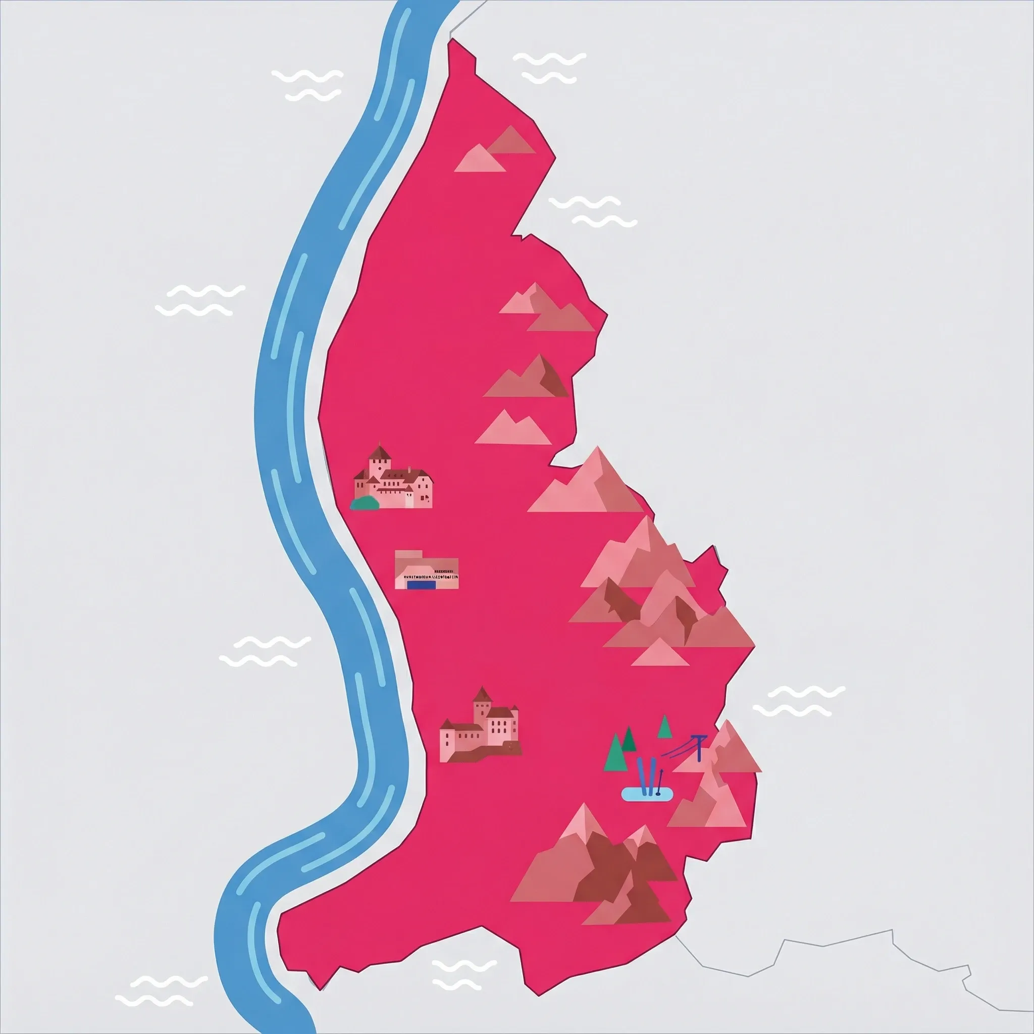 Colourful illustrated map of Liechtenstein showing 1 tourist regions including Liechtenstein, decorated with iconic landmarks like Vaduz Castle, Kunstmuseum Liechtenstein, Gutenberg Castle, and Malbi Park, with geographic features including Rhine River, Rätikon Alps, Grauspitz, and Three Sisters.