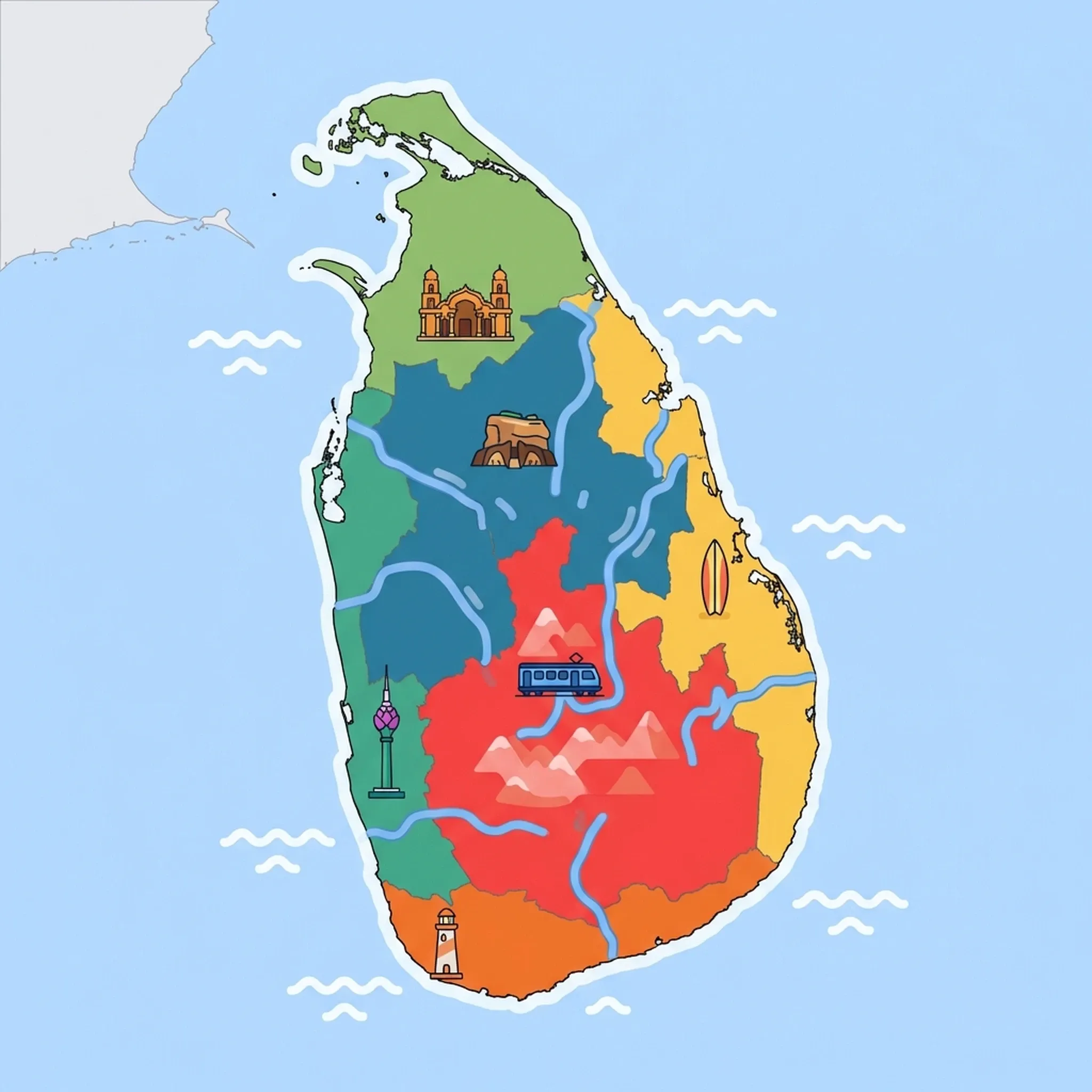 Colourful illustrated map of Sri Lanka showing 6 tourist regions including Cultural Triangle (Sigiriya, Polonnaruwa, Anuradhapura), Kandy & Hill Country, and Northern Sri Lanka (Jaffna), decorated with iconic landmarks like Sigiriya Lion Rock, Blue Highlands Train, Nallur Kandaswamy Kovil, Galle Lighthouse, and Lotus Tower, with geographic features including Central Highlands, Adam's Peak, Mahaweli River, and Knuckles Mountain Range.