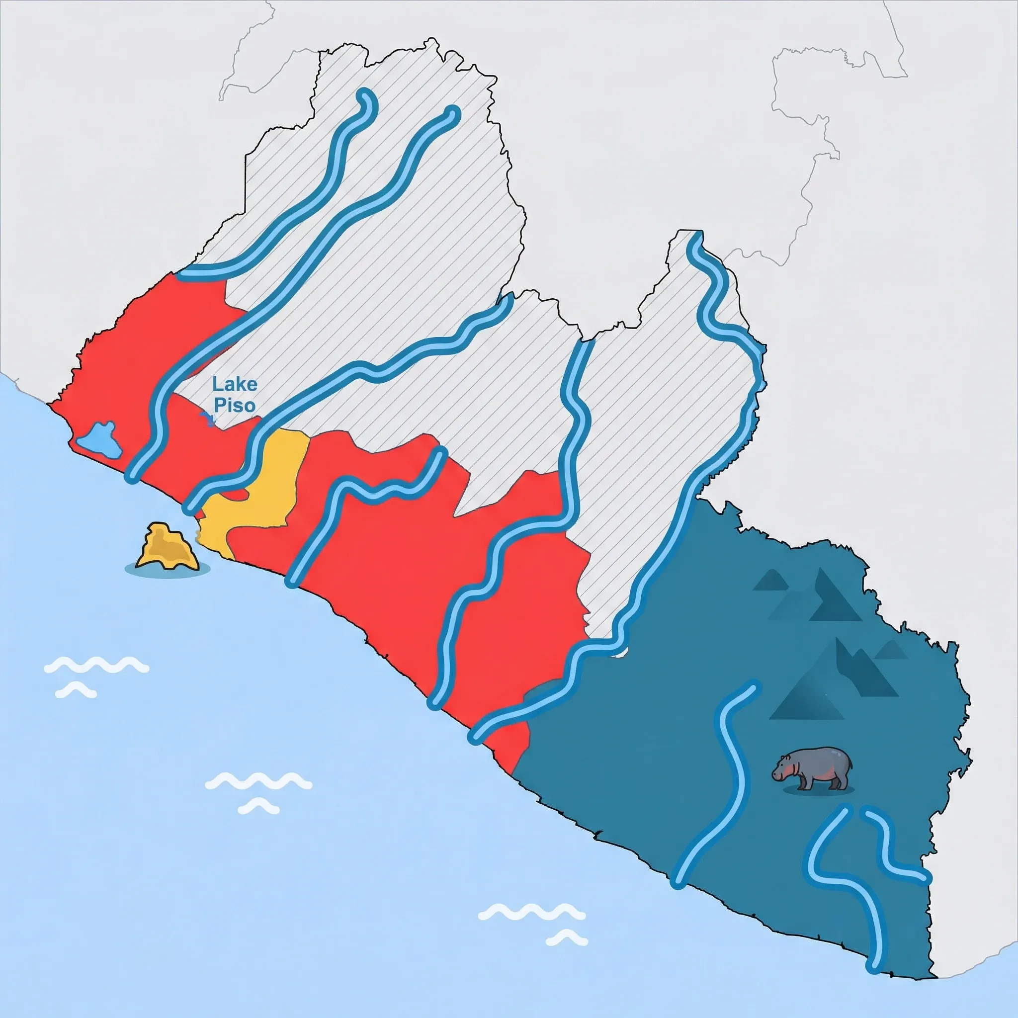Colourful illustrated map of Liberia showing 3 tourist regions including Sapo NP & Southeast, Coast, Monrovia, decorated with iconic landmarks like Pygmy Hippopotamus, Surfboard, and Providence Island, with geographic features including Lake Piso, Mount Nimba, Saint Paul River, and Sapo National Park.