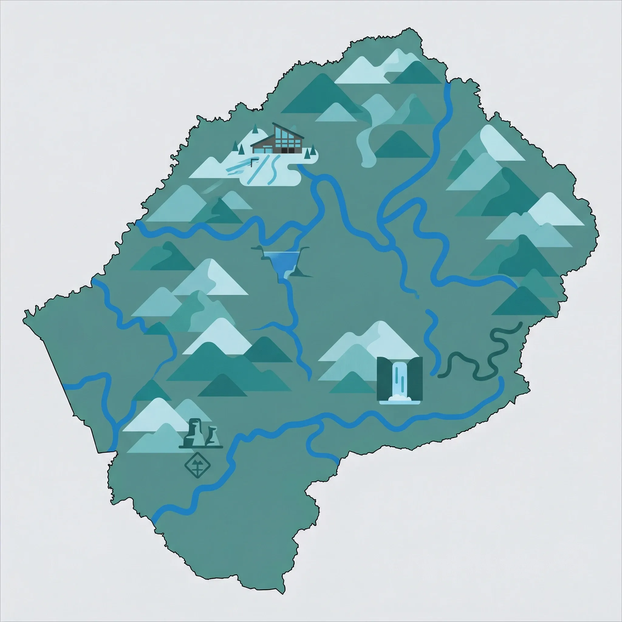 Colourful illustrated map of Lesotho showing 1 tourist regions including Lesotho, decorated with iconic landmarks like Afriski Mountain Resort, Sehlabathebe National Park, Maletsunyane Falls, and Maletsunyane Falls Trail, with geographic features including Maloti Mountains, Drakensberg Mountains, Senqu River, and Maletsunyane Falls.