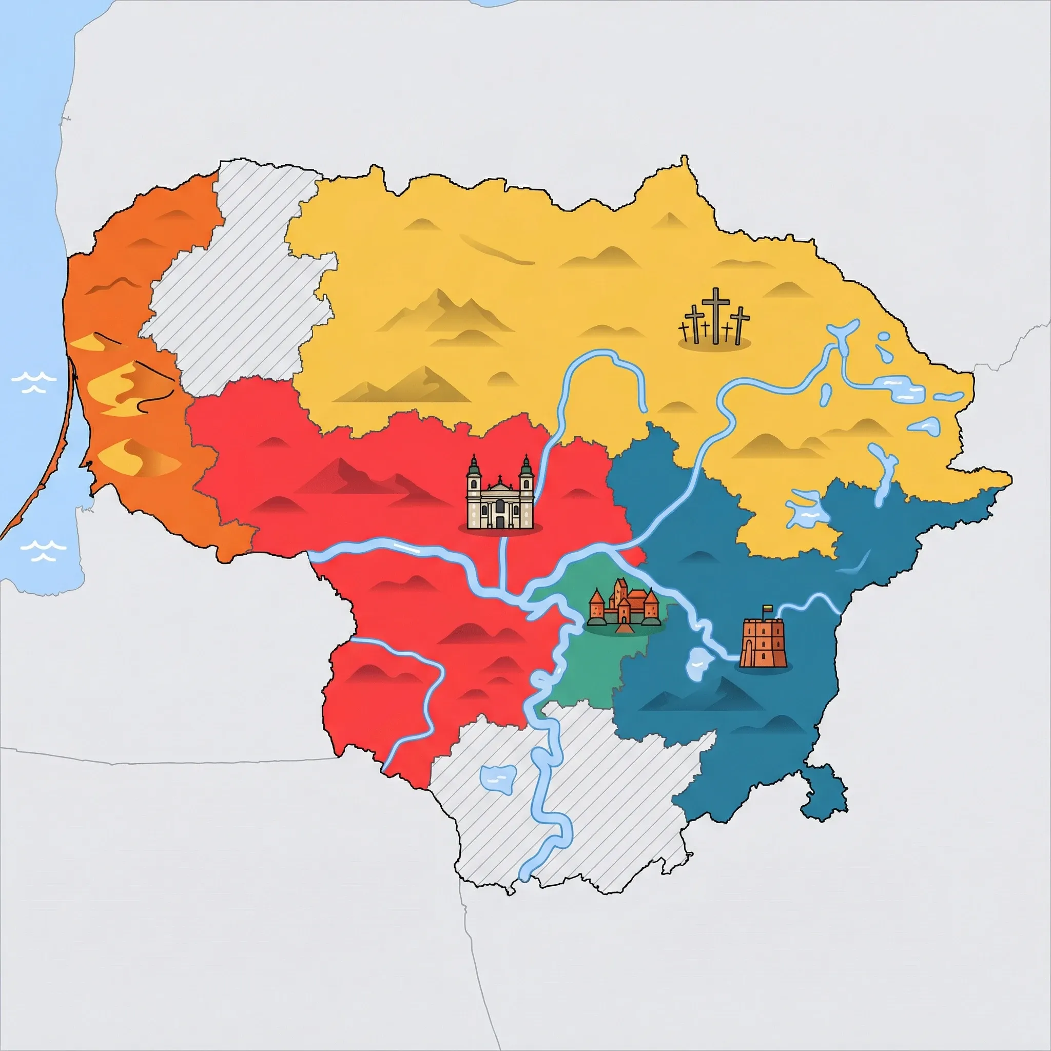 Colourful illustrated map of Lithuania showing 5 tourist regions including Kaunas & Central Lithuania, Aukštaitija (Hill of Crosses, lakes), and Vilnius (standalone), decorated with iconic landmarks like Pažaislis Monastery, Hill of Crosses, Gediminas Tower, Curonian Spit Sand Dunes, and Trakai Island Castle, with geographic features including Baltic Sea, Curonian Spit, Curonian Lagoon, and Nemunas River.