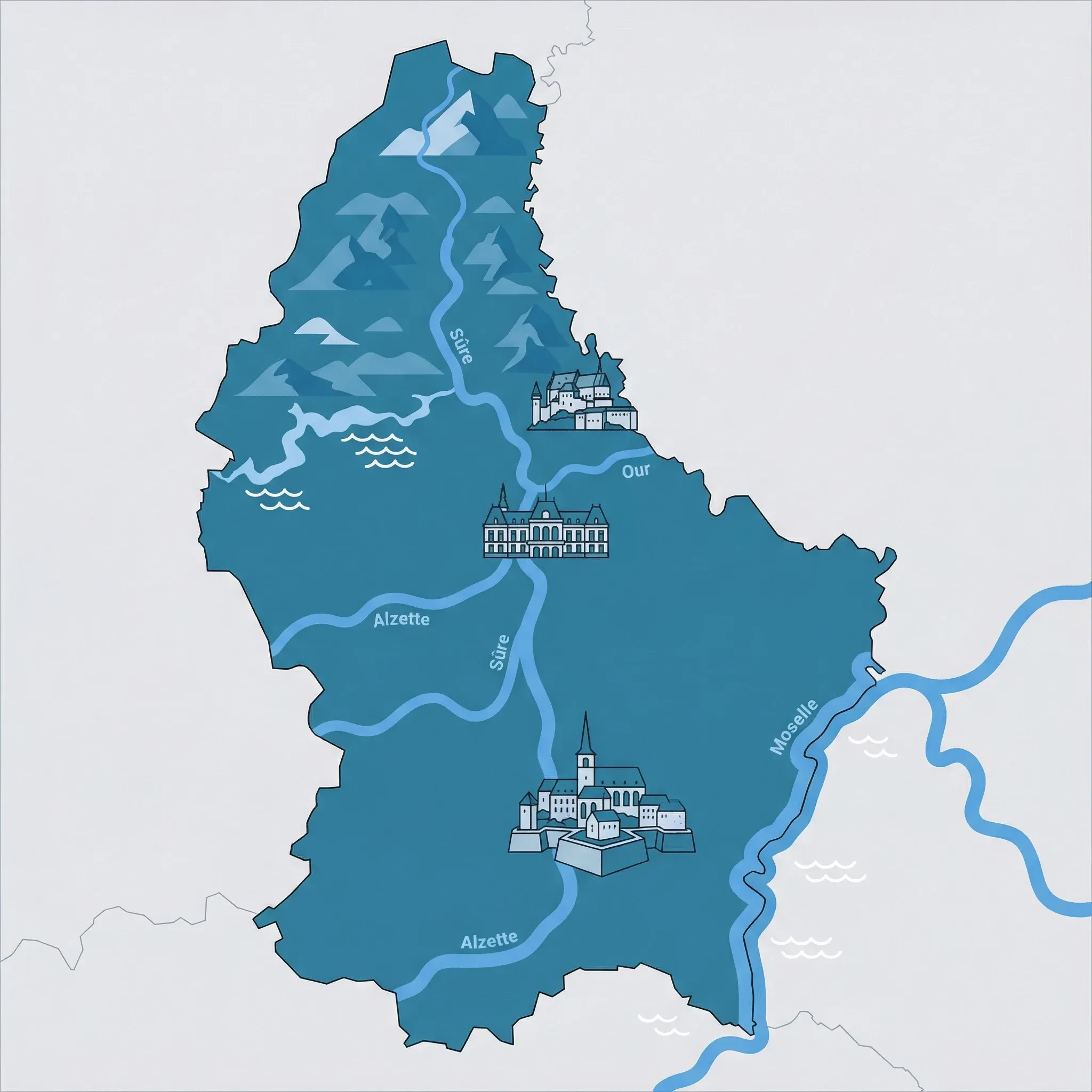 Colourful illustrated map of Luxembourg showing 1 tourist regions including Luxembourg, decorated with iconic landmarks like Luxembourg City Old Quarters and Fortifications, Vianden Castle, Upper Sûre Lake, and Grand Ducal Palace, with geographic features including Ardennes, Mullerthal, Moselle River, and Alzette River.
