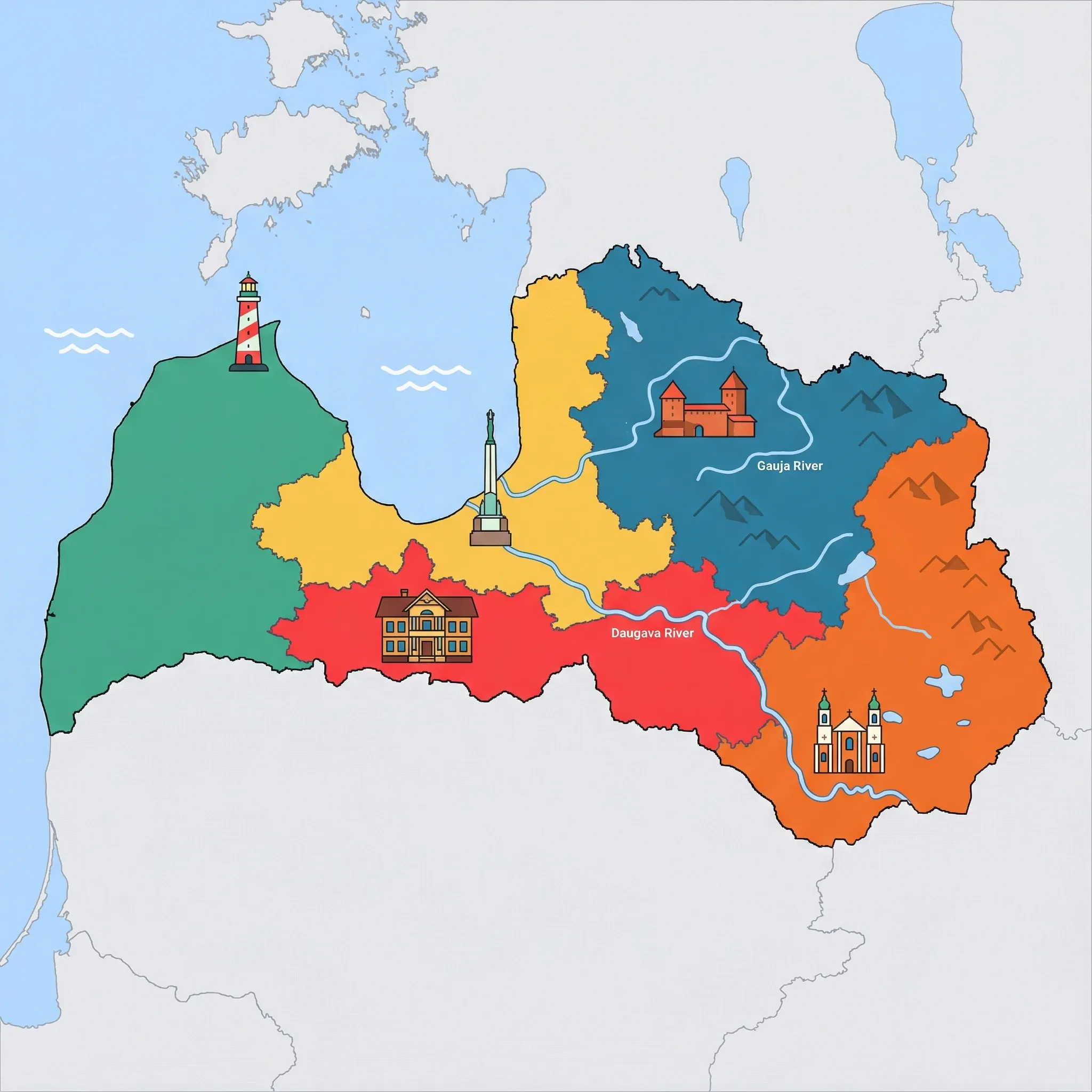 Colourful illustrated map of Latvia showing 5 tourist regions including Latgale (eastern lakes), Sigulda & Gauja National Park, and Liepāja & Western Coast, decorated with iconic landmarks like Aglona Basilica, Turaida Red Brick Castle, Cape Kolka Lighthouse, Freedom Monument, and Ornate Wooden Villa, with geographic features including Gulf of Riga, Baltic Sea, Daugava River, and Gauja River.