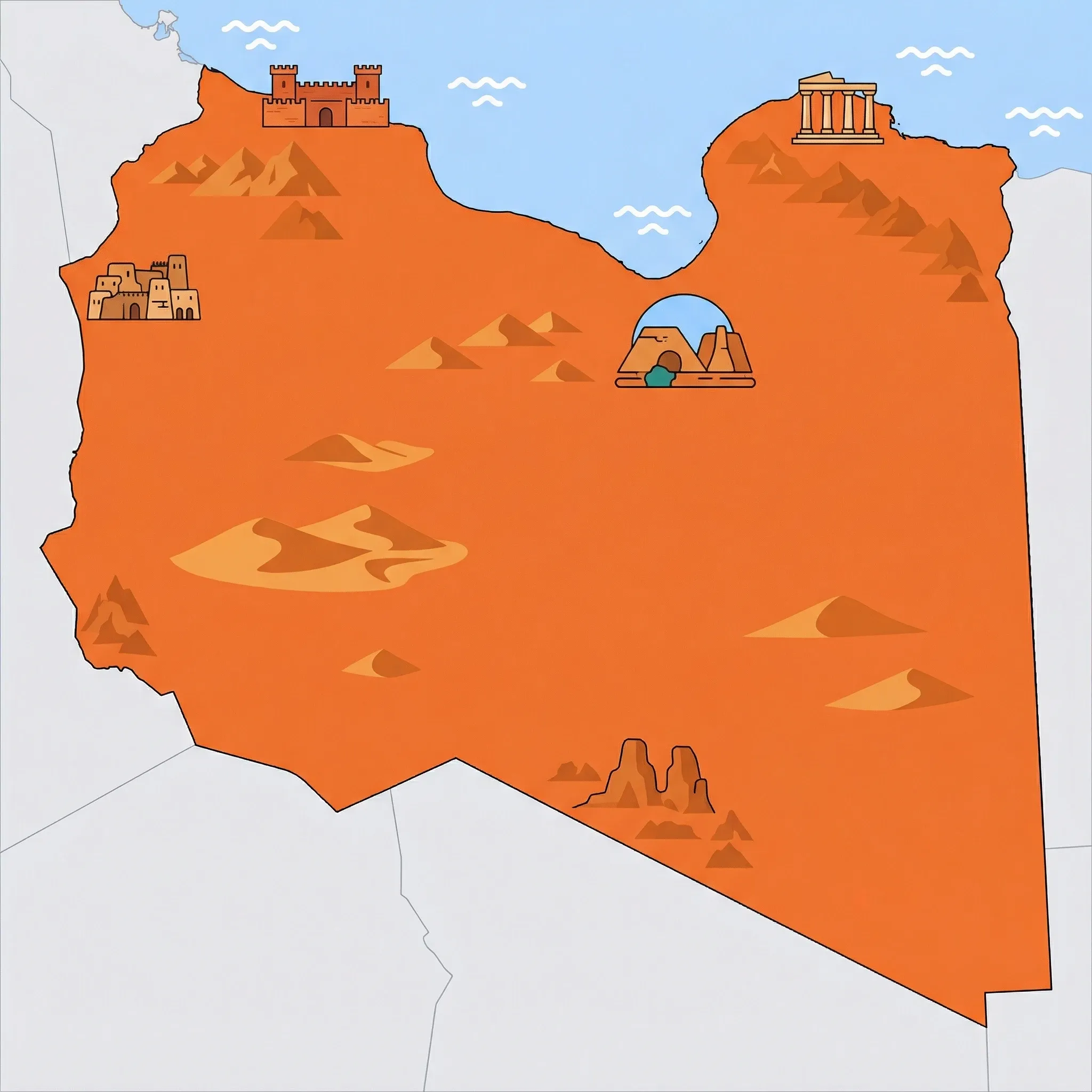 Colourful illustrated map of Libya showing 1 tourist regions including Libya, decorated with iconic landmarks like Red Castle Museum, Old Town of Ghadames, El-Kouf National Park, and Archaeological Site of Cyrene, with geographic features including Sahara Desert, Mediterranean Sea, Jebel Akhdar, and Nafusa Mountains.