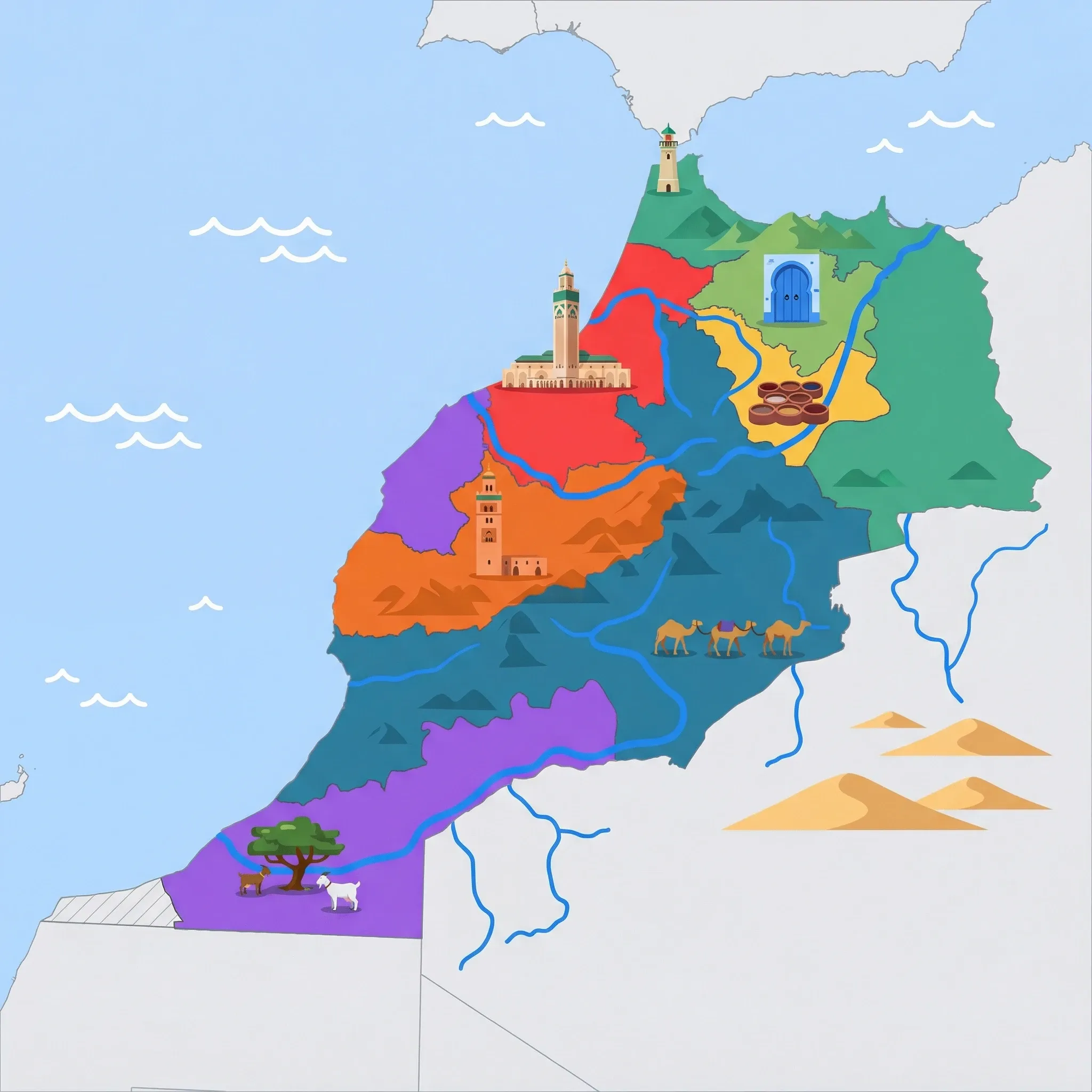 Colourful illustrated map of Morocco showing 7 tourist regions including Fes & Middle Atlas, Chefchaouen & Rif Mountains, and Marrakech & High Atlas, decorated with iconic landmarks like Chouara Tannery dye vats, Blue-washed arched door, Koutoubia Mosque, Argan tree with climbing goats, and Camel caravan on sand dunes, with geographic features including High Atlas Mountains, Rif Mountains, Sahara Desert, and Strait of Gibraltar.