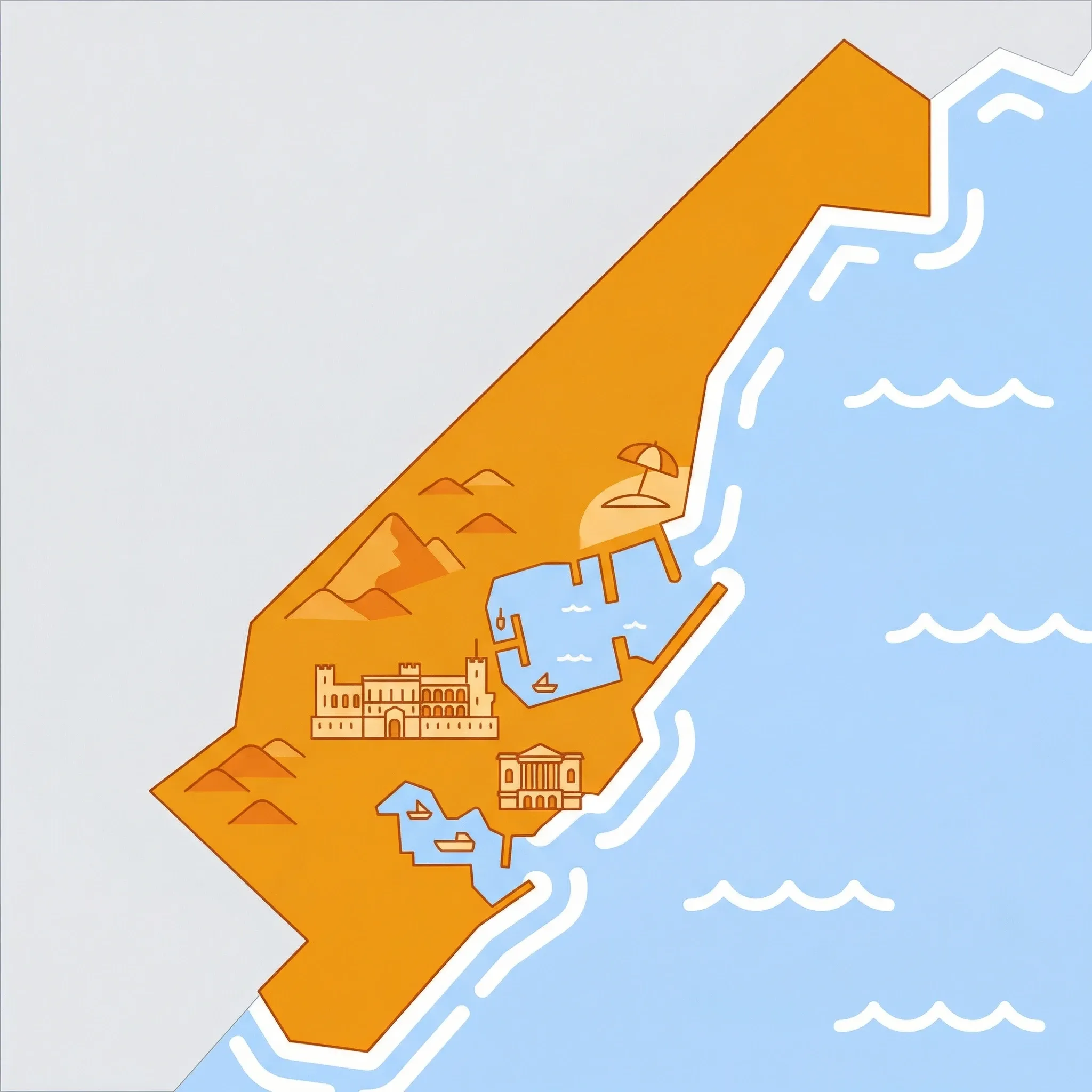 Colourful illustrated map of Monaco showing 1 tourist regions including Monaco, decorated with iconic landmarks like Oceanographic Museum, Prince's Palace of Monaco, Oceanographic Museum of Monaco, and Larvotto Beach, with geographic features including Mediterranean Sea, Port Hercules, Le Rocher, and Maritime Alps foothills.