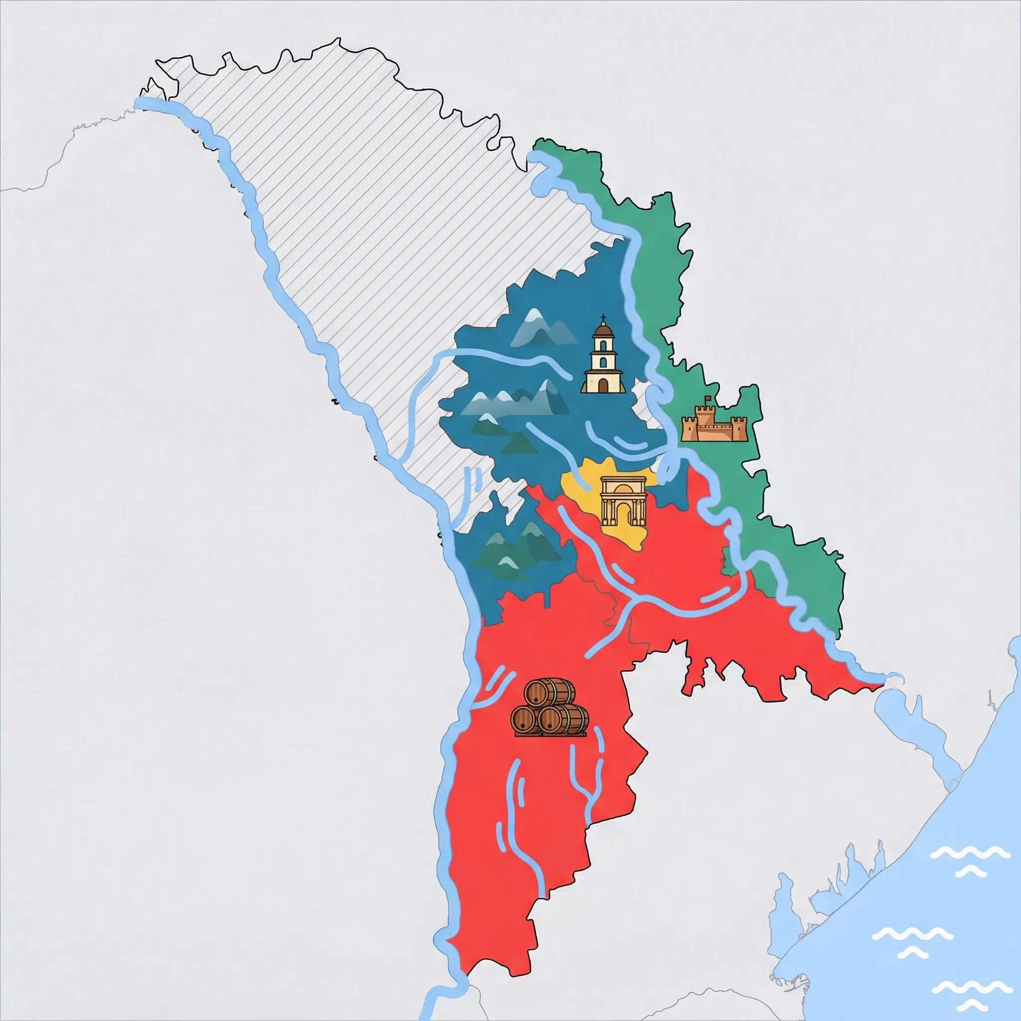 Colourful illustrated map of Moldova showing 4 tourist regions including Transnistria, Chișinău, and Wine Country (Cricova, Mileștii Mici), decorated with iconic landmarks like Bender Fortress, Triumphal Arch, Underground Wine Casks, and Cave Monastery Bell Tower, with geographic features including Dniester River, Prut River, Codru Forest, and Răut River.