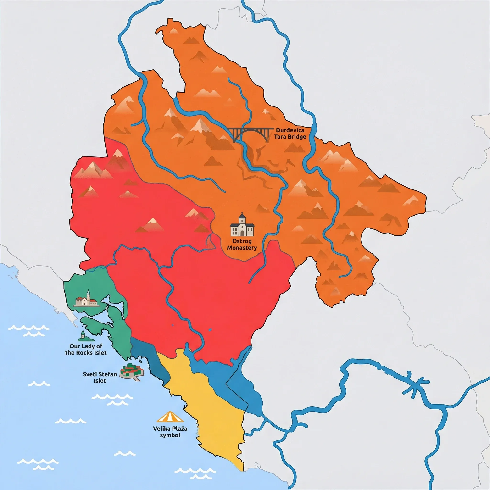 Colourful illustrated map of Montenegro showing 5 tourist regions including Bay of Kotor (Kotor, Perast), Ulcinj & Southern Coast, and Budva Riviera (Budva, Sveti Stefan), decorated with iconic landmarks like Our Lady of the Rocks Islet, Velika Plaža, Sveti Stefan Islet, Đurđevića Tara Bridge, and Ostrog Monastery, with geographic features including Adriatic Sea, Bay of Kotor, Lake Skadar, and Durmitor Mountains.
