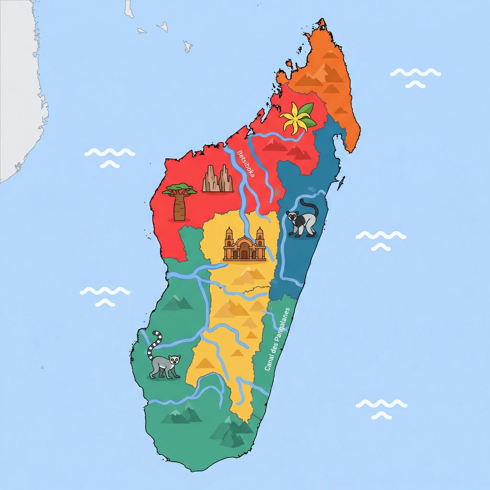 Colourful illustrated map of Madagascar showing 5 tourist regions including West (Tsingy, baobabs), North & Nosy Be (beaches), and Antananarivo & Highlands, decorated with iconic landmarks like Baobab Tree, Ylang-Ylang Flower, Rova of Antananarivo, Indri Lemur, and Ring-tailed Lemur, with geographic features including Tsaratanana Massif, Ankaratra Massif, Canal des Pangalanes, and Betsiboka River.