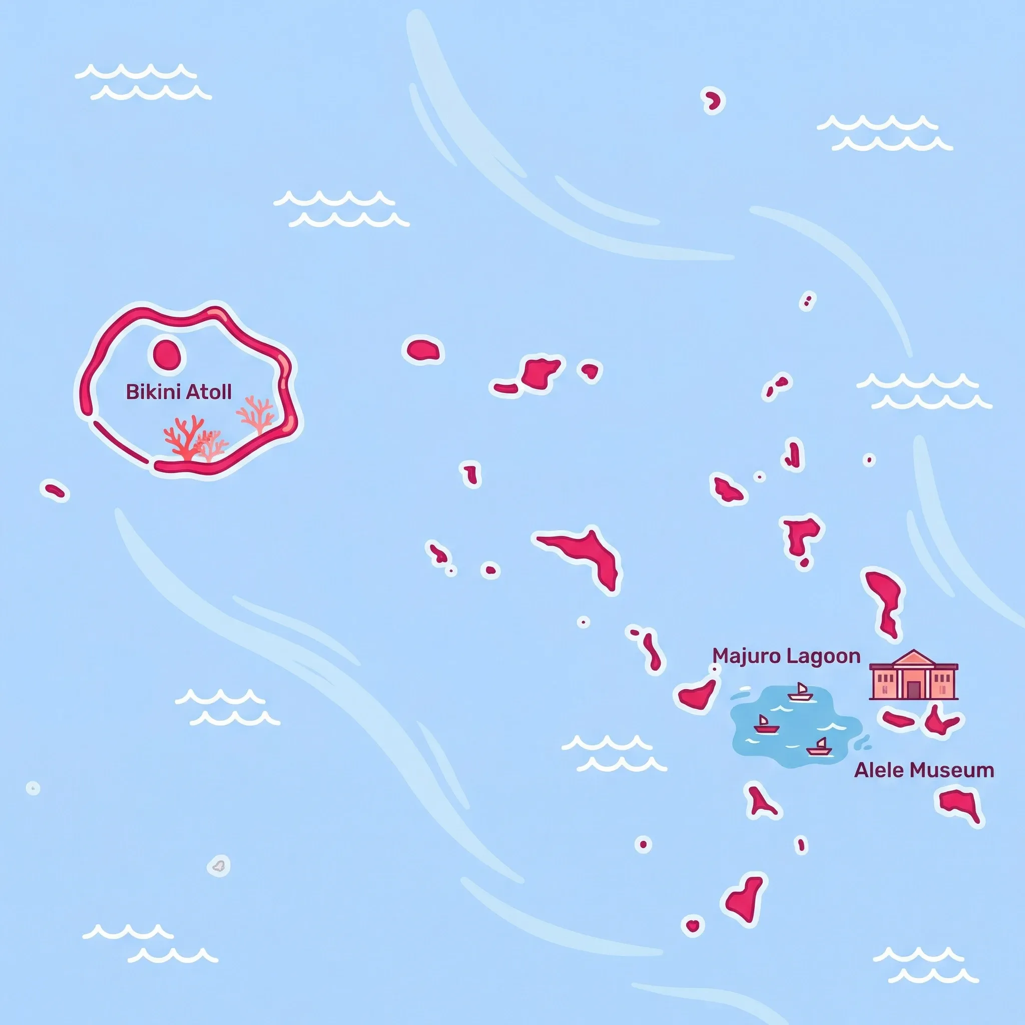 Colourful illustrated map of Marshall Islands showing 1 tourist regions including Marshall Islands, decorated with iconic landmarks like Bikini Atoll, Alele Museum, Library and National Archives, Majuro Lagoon, and Alele Museum and Public Library, with geographic features including Ratak Chain, Ralik Chain, Majuro Atoll, and Kwajalein Atoll.