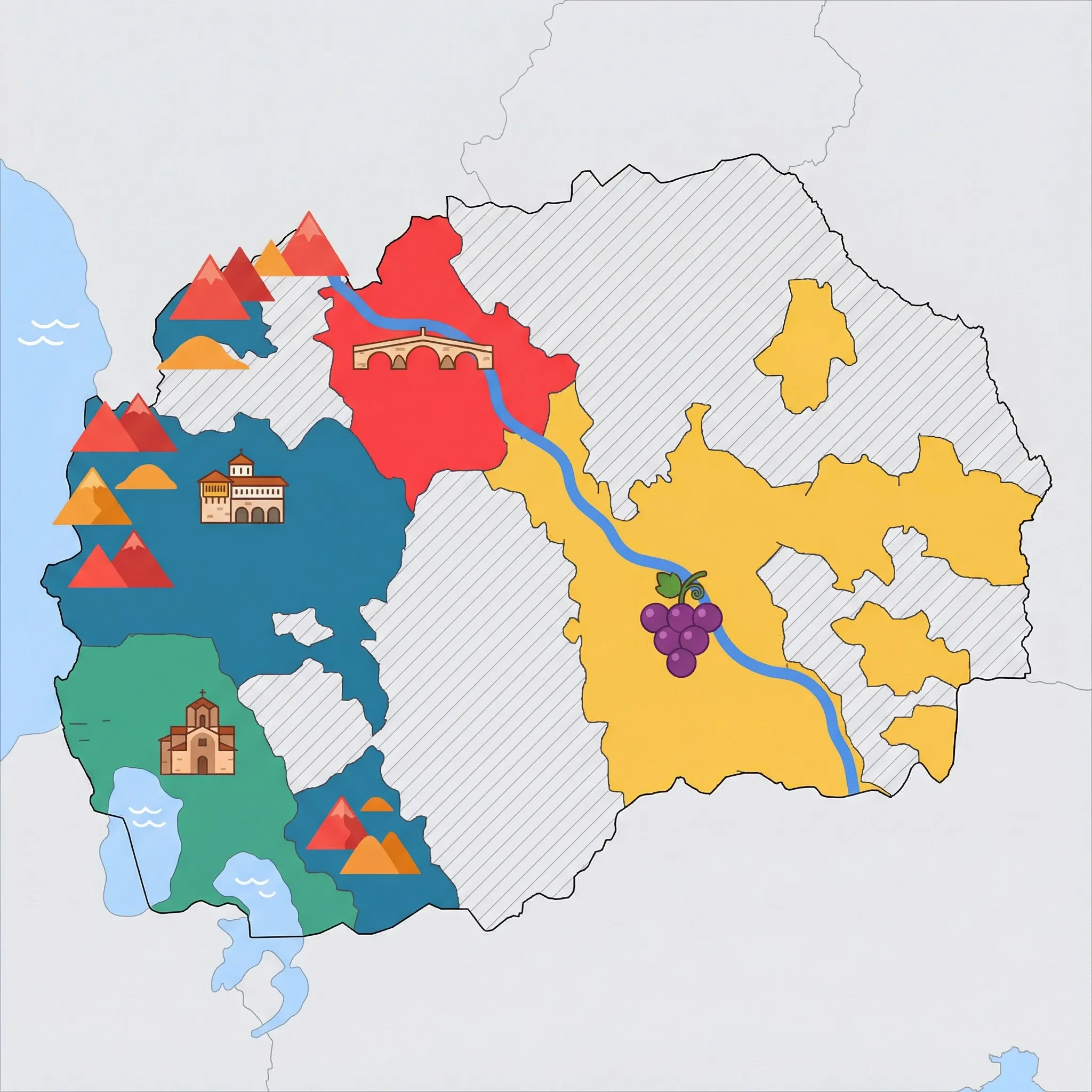 Colourful illustrated map of North Macedonia showing 4 tourist regions including Eastern Macedonia (Štip, wine country), Mavrovo & Western Mountains, and Skopje, decorated with iconic landmarks like Tikveš Wine Grapes, Saint Jovan Bigorski Monastery, Stone Bridge, and Church of Saint John at Kaneo, with geographic features including Vardar River, Lake Ohrid, Lake Prespa, and Šar Mountains.