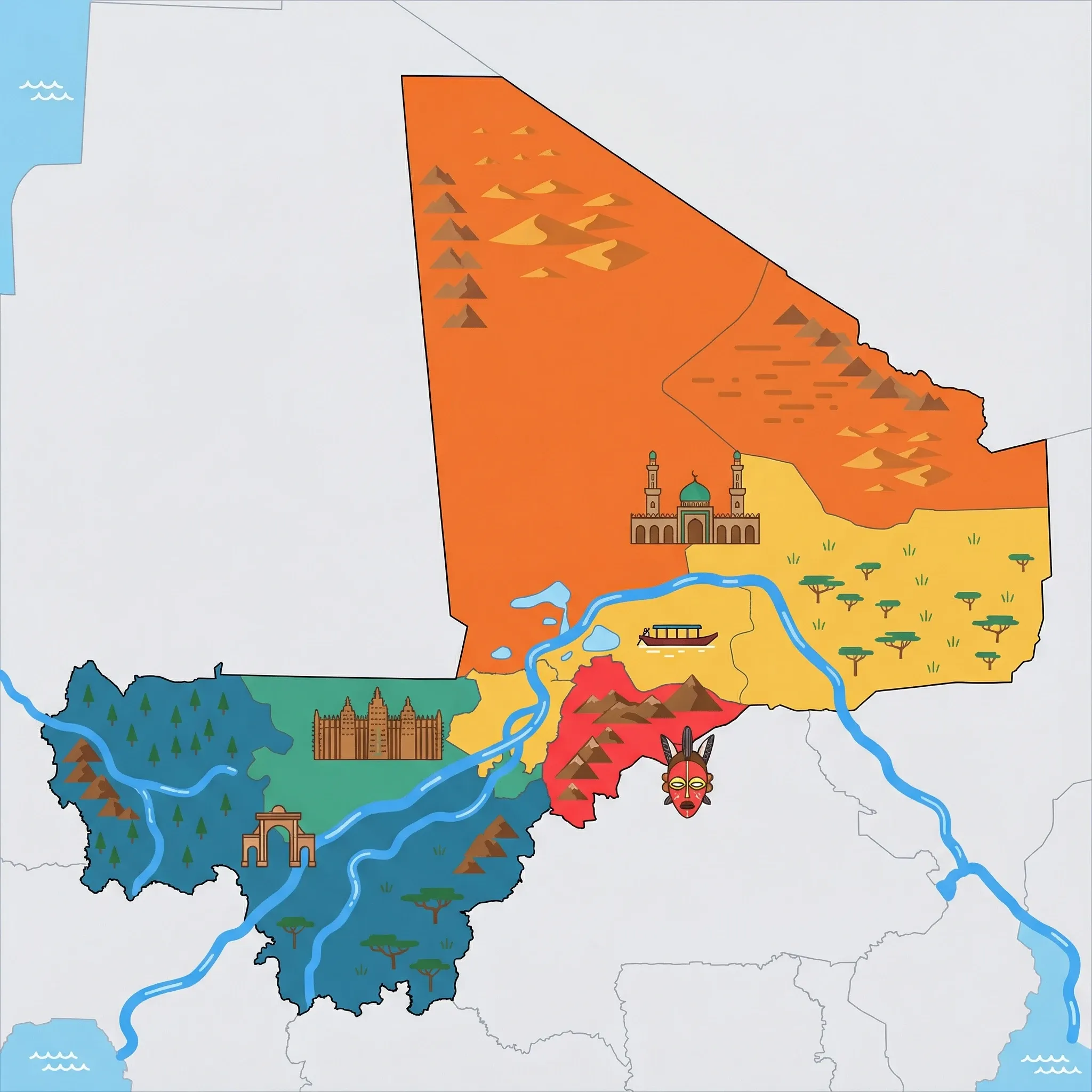 Colourful illustrated map of Mali showing 5 tourist regions including Timbuktu & North, Djenné, and Dogon Country, decorated with iconic landmarks like Djinguereber Mosque, Great Mosque of Djenné, Kanaga Mask, River Pinasse Boat, and Siby Arch, with geographic features including Niger River, Sahara Desert, Bandiagara Escarpment, and Inner Niger Delta.