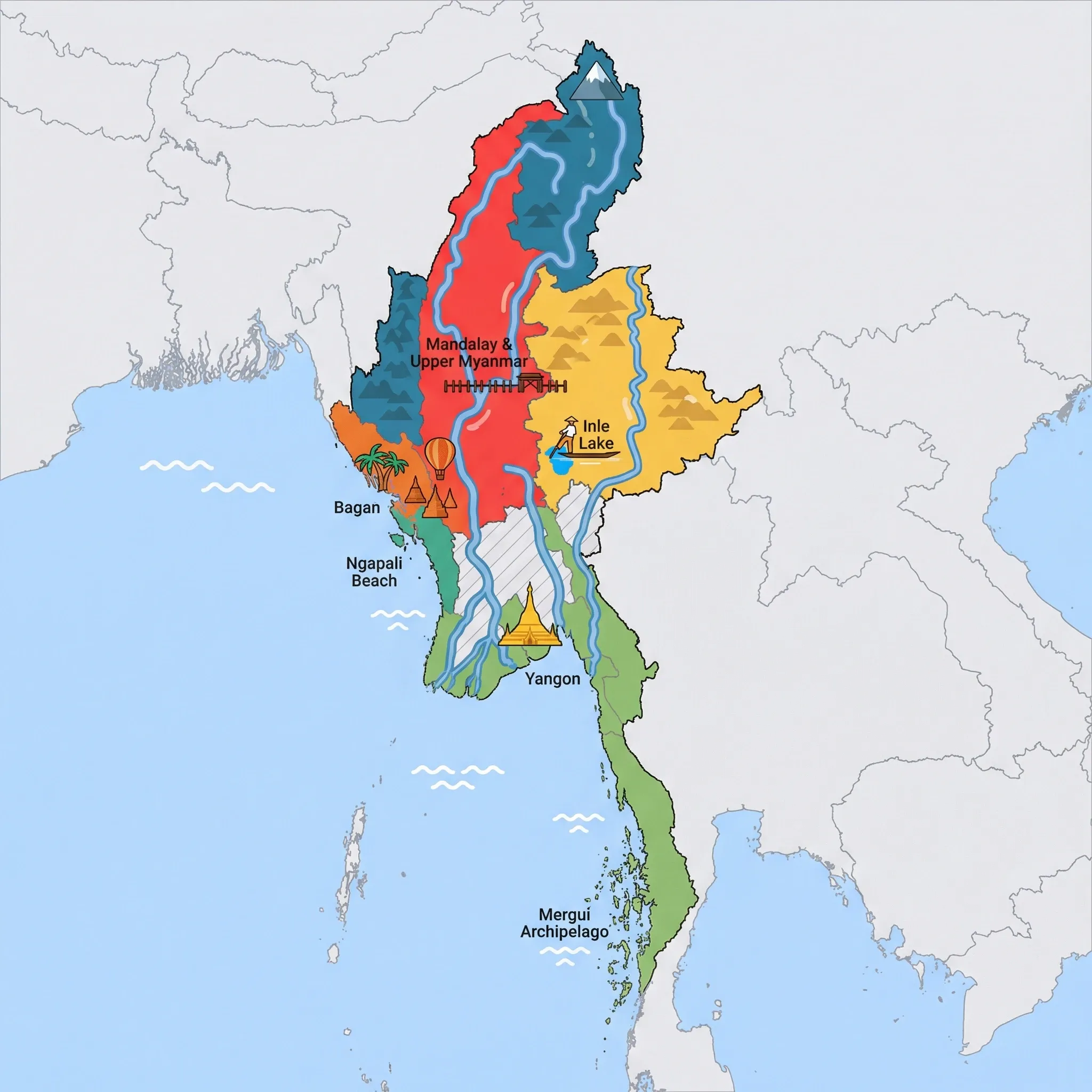 Colourful illustrated map of Myanmar showing 6 tourist regions including Inle Lake, Yangon, and Bagan, decorated with iconic landmarks like Intha Leg-Rowing Fisherman, Golden Shwedagon Pagoda, Hot Air Balloon over Ancient Pagodas, Coastal Coconut Palms, and Teak U Bein Bridge, with geographic features including Ayeyarwady River, Shan Hills, Hkakabo Razi, and Chindwin River.