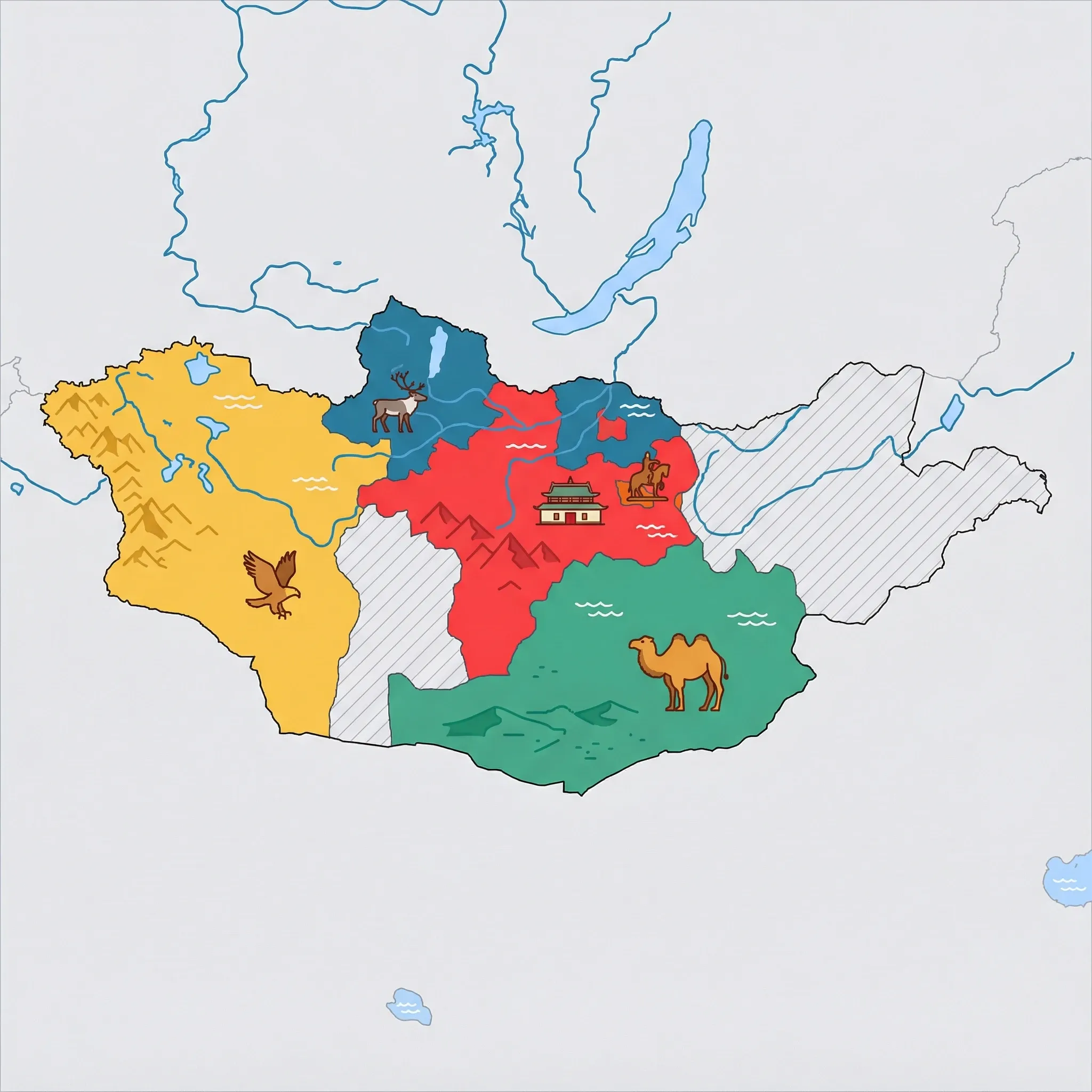 Colourful illustrated map of Mongolia showing 5 tourist regions including Ulaanbaatar, Northern Mongolia (Lake Khövsgöl), and Gobi Desert, decorated with iconic landmarks like Genghis Khan Equestrian Statue, Reindeer, Bactrian Camel, Golden Eagle, and Erdene Zuu Monastery, with geographic features including Altai Mountains, Gobi Desert, Lake Khövsgöl, and Orkhon River.