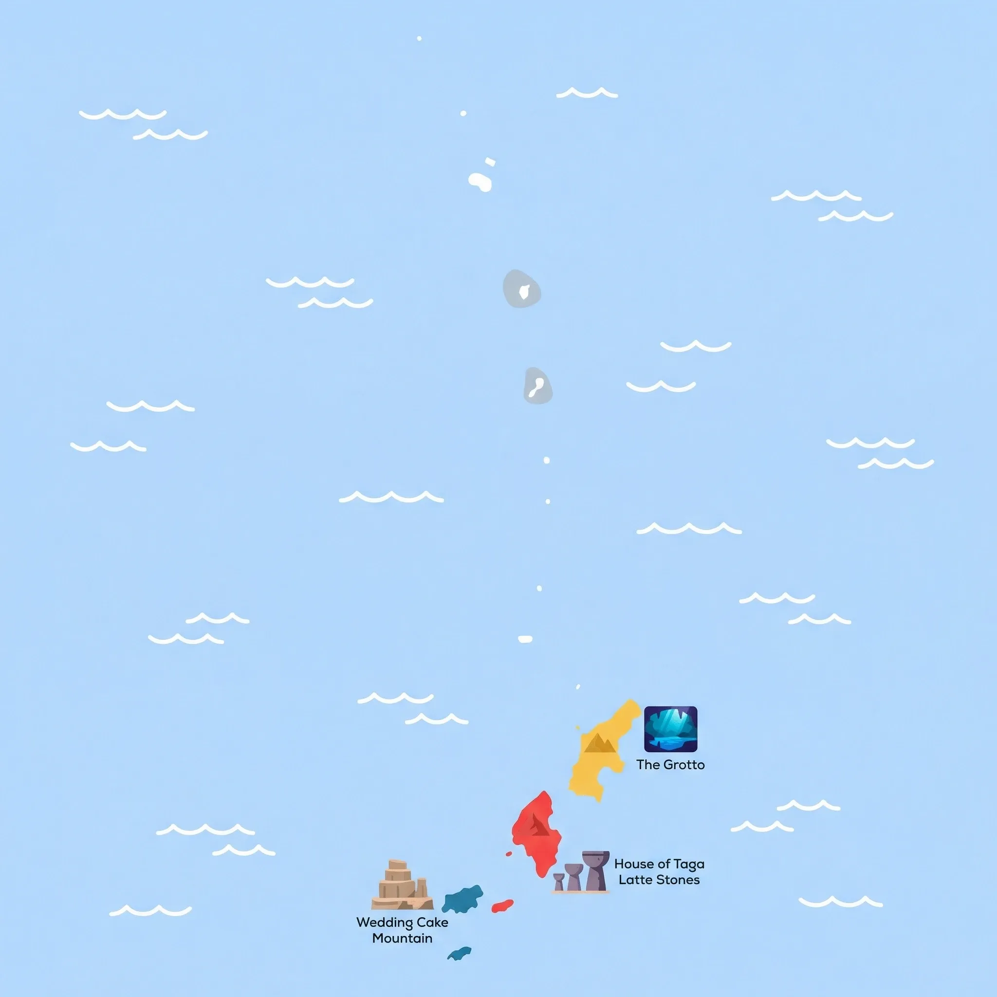 Colourful illustrated map of Northern Mariana Islands showing 3 tourist regions including Tinian, Rota, Saipan, decorated with iconic landmarks like House of Taga Latte Stones, Wedding Cake Mountain, and The Grotto, with geographic features including Mount Tapochau, Mount Agrihan, Mount Taipingot, and Philippine Sea.