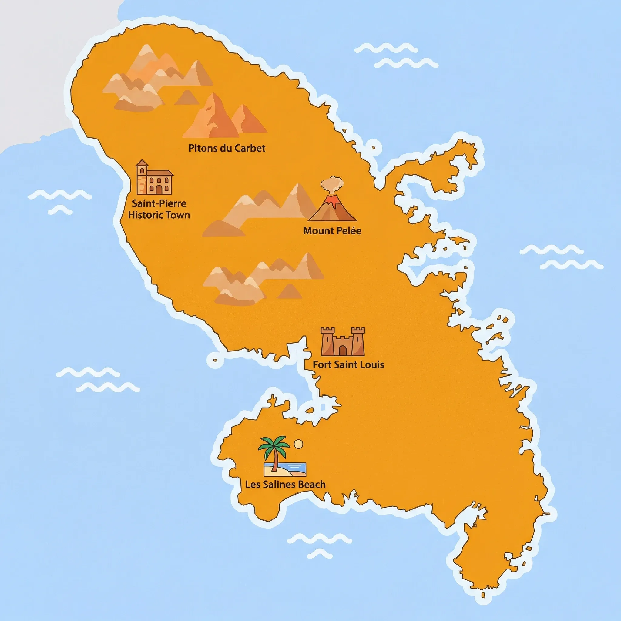 Colourful illustrated map of Martinique showing 1 tourist regions including Martinique, decorated with iconic landmarks like Les Salines Beach, Saint-Pierre Historic Town, Mount Pelée, and Fort Saint Louis, with geographic features including Mount Pelée, Pitons du Carbet, Caravelle Peninsula, and Fort-de-France Bay.
