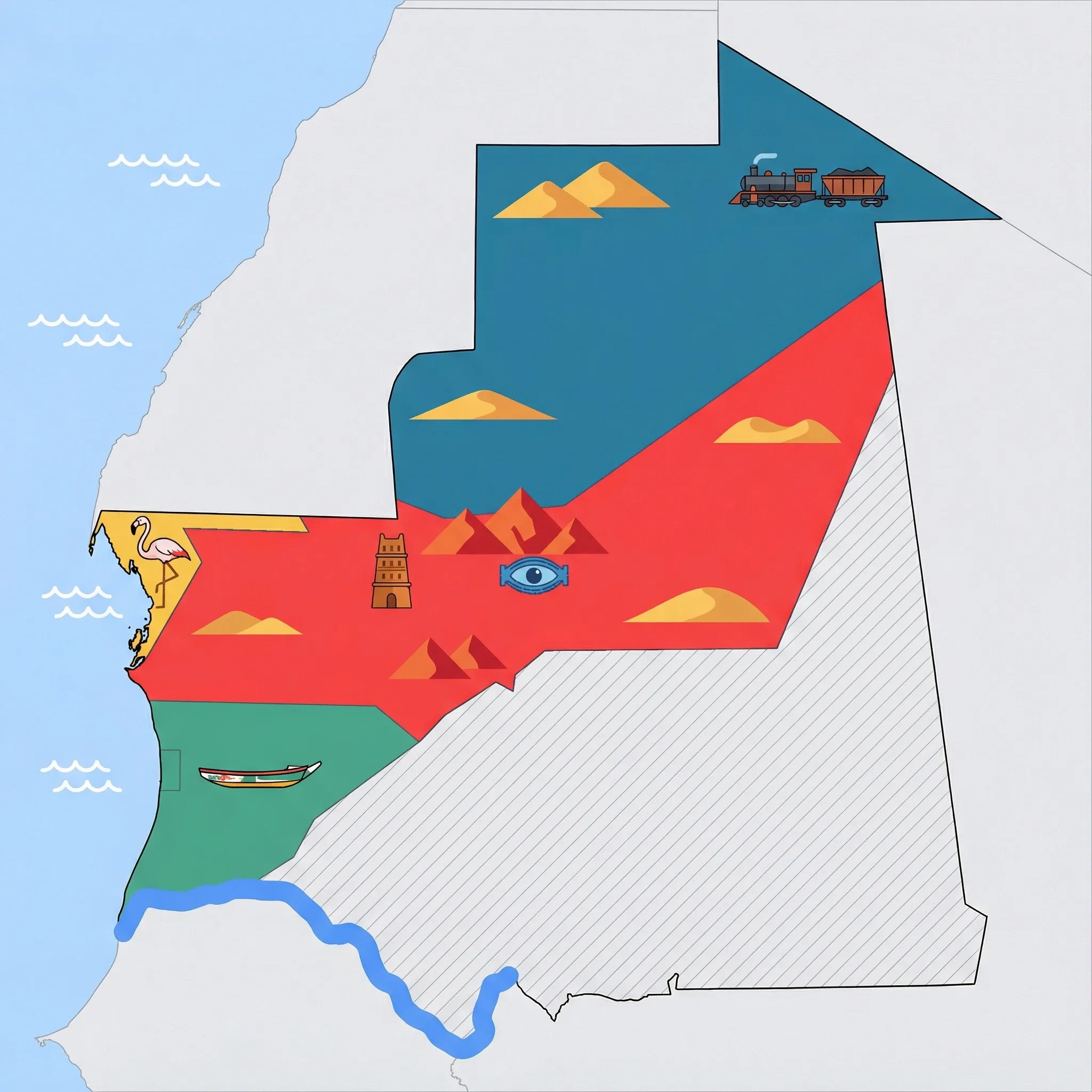 Colourful illustrated map of Mauritania showing 4 tourist regions including Chinguetti & Adrar (desert), Saharan North, and Nouakchott, decorated with iconic landmarks like Ancient Library Tower, Iron Ore Train, Colorful Fishing Pirogue, and Greater Flamingo, with geographic features including Sahara Desert, Adrar Plateau, Senegal River, and Atlantic Ocean.