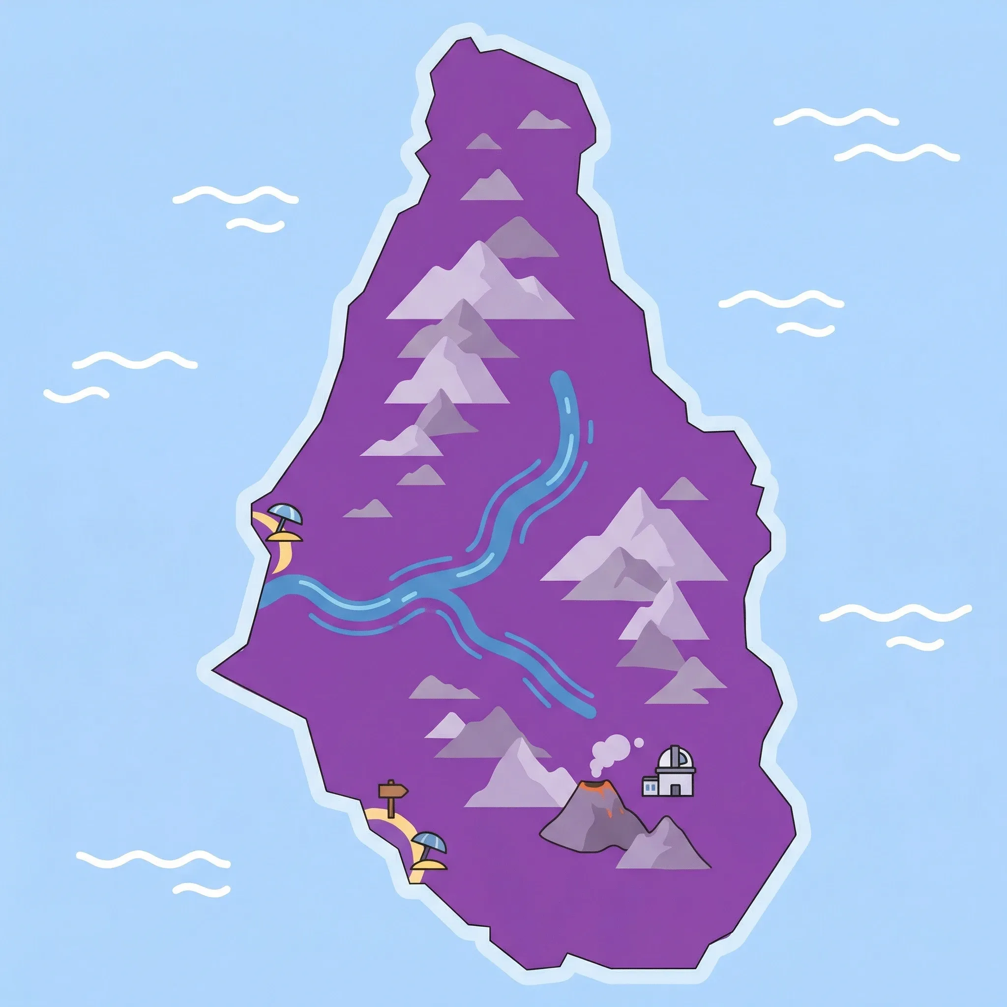 Colourful illustrated map of Montserrat showing 1 tourist regions including Montserrat, decorated with iconic landmarks like Soufrière Hills Volcano, Montserrat Volcano Observatory, Rendezvous Bay, and Rendezvous Bay Trail, with geographic features including Soufrière Hills Volcano, Centre Hills, Silver Hills, and Belham River.