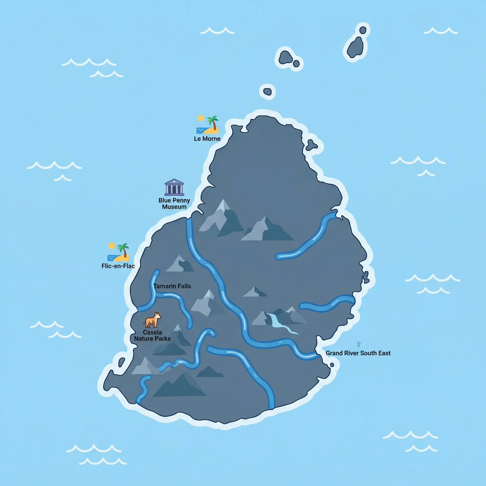 Colourful illustrated map of Mauritius showing 1 tourist regions including Mauritius, decorated with iconic landmarks like Le Morne Beach, Blue Penny Museum, Flic-en-Flac Beach, and Casela Nature Parks, with geographic features including Black River Gorges, Le Morne Brabant, Pieter Both Mountain, and Grand River South East.