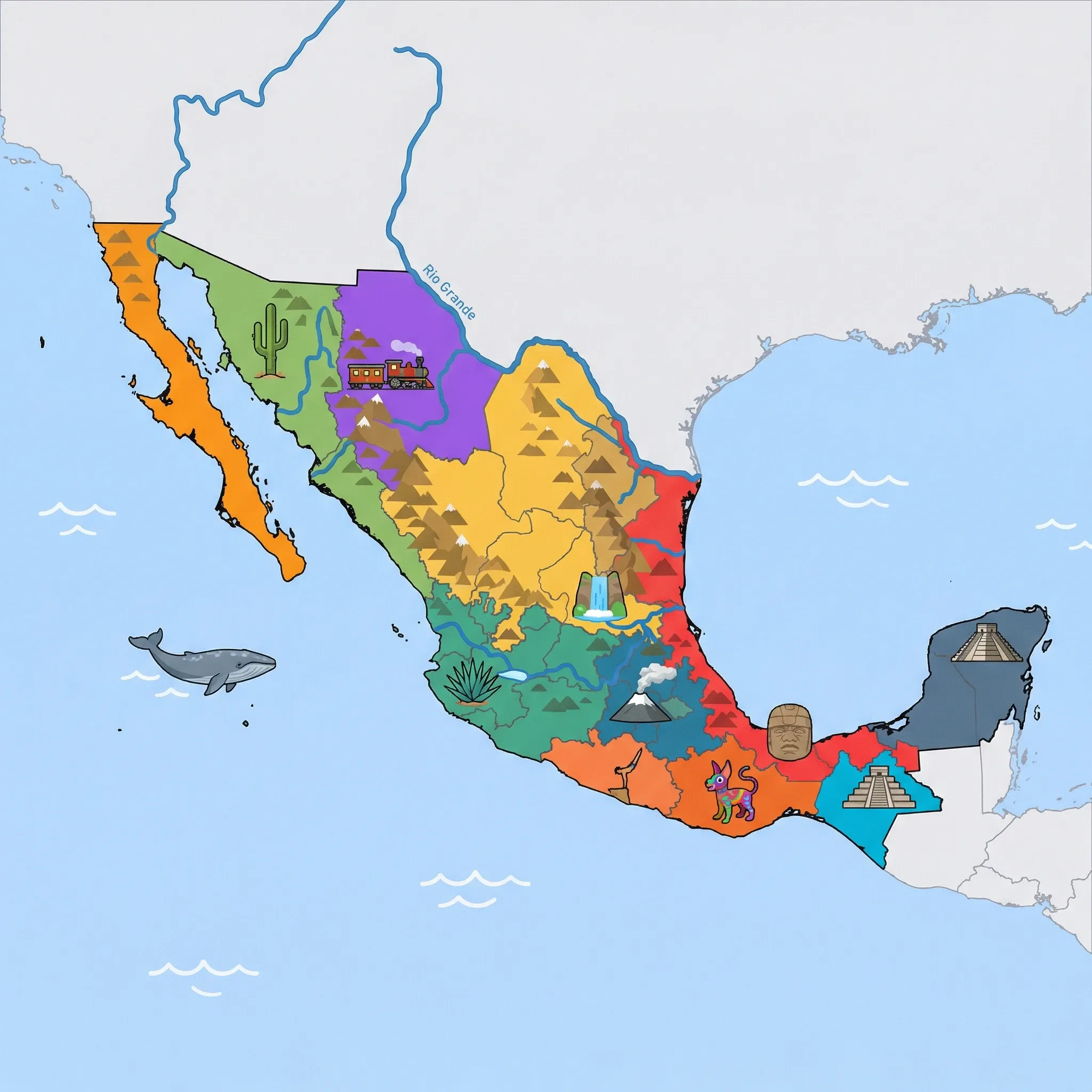 Colourful illustrated map of Mexico showing 11 tourist regions including Central Highlands & Mexico City Region, Northern Borderlands & Chihuahuan Desert, and Oaxaca & Southern Highlands, decorated with iconic landmarks like Popocatépetl Volcano, Copper Canyon Train, Colorful Alebrije, Gray Whale, and Blue Agave Plant, with geographic features including Sierra Madre Occidental, Sierra Madre Oriental, Trans-Mexican Volcanic Belt, and Copper Canyon.
