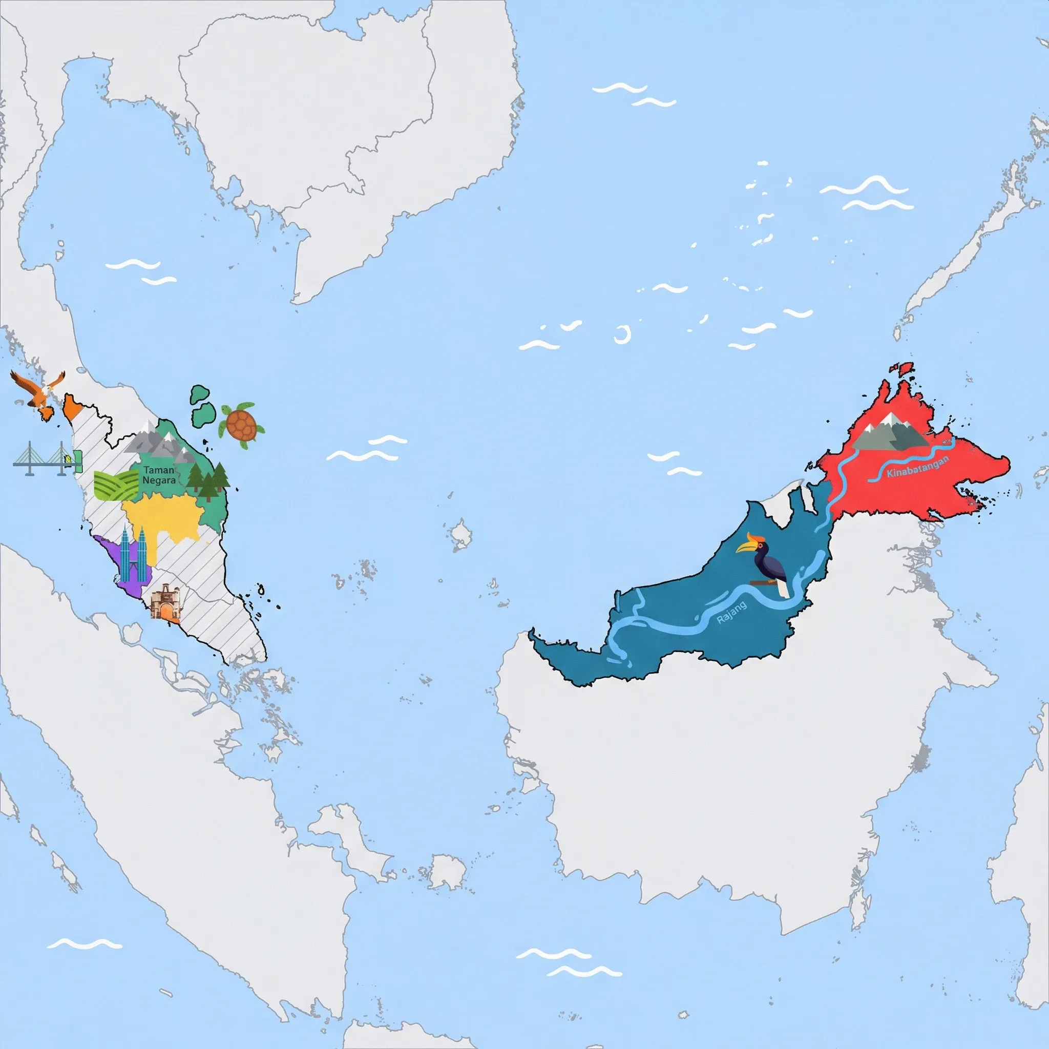 Colourful illustrated map of Malaysia showing 8 tourist regions including Malacca, Kuala Lumpur, and Penang, decorated with iconic landmarks like A Famosa Fort Gate, Petronas Twin Towers, Penang Bridge, Giant Eagle Statue, and Mount Kinabalu, with geographic features including Titiwangsa Mountains, Mount Kinabalu, South China Sea, and Strait of Malacca.