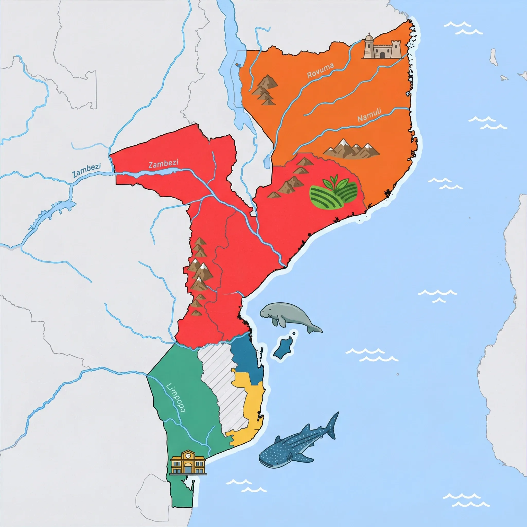 Colourful illustrated map of Mozambique showing 5 tourist regions including Zambézia & Central, Northern Mozambique & Quirimbas, and Bazaruto & Vilankulo (islands), decorated with iconic landmarks like Gurúè Tea Plantations, Fort of São Sebastião, Dugong, Whale Shark, and Maputo Railway Station, with geographic features including Zambezi River, Lake Niassa, Limpopo River, and Bazaruto Archipelago.
