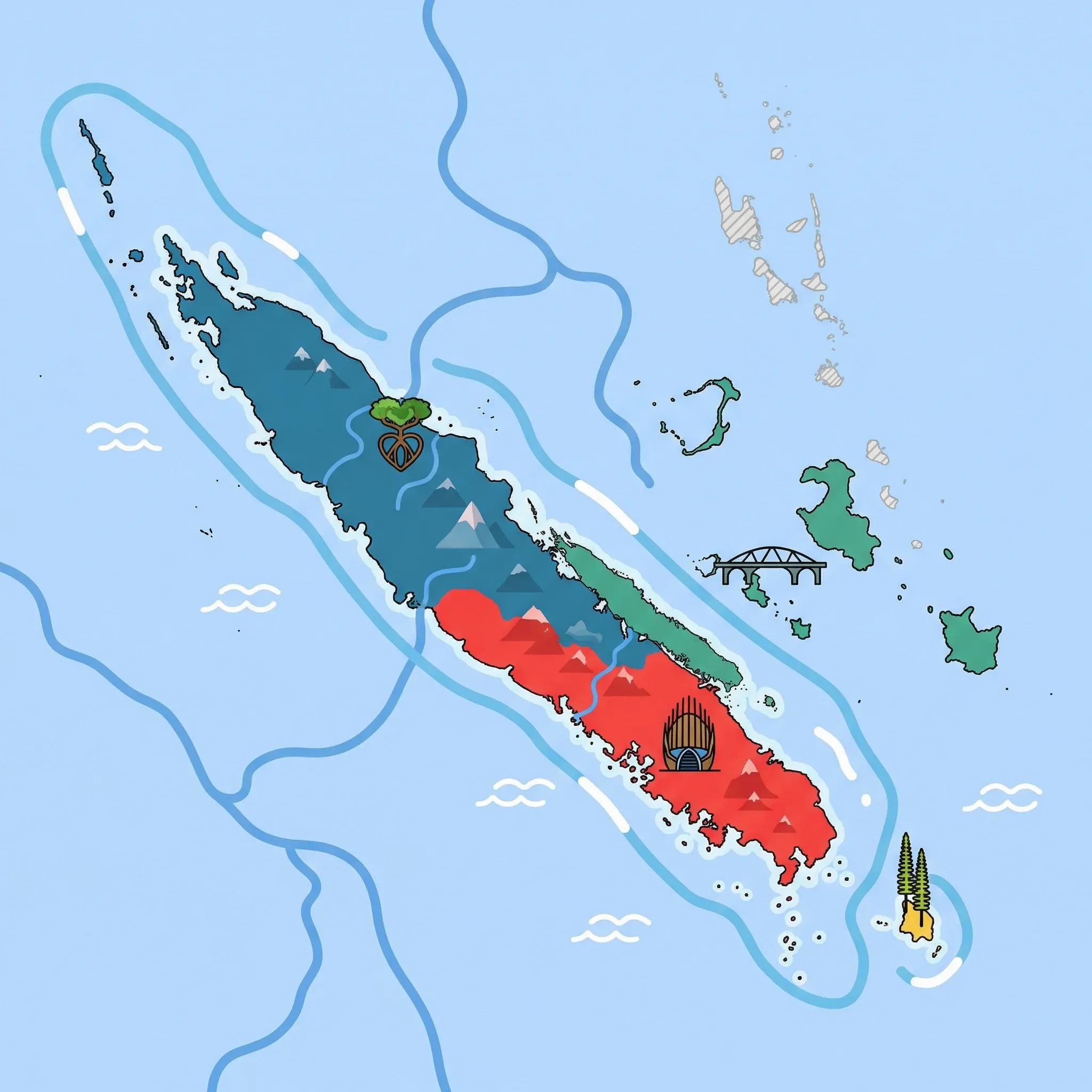 Colourful illustrated map of New Caledonia showing 4 tourist regions including Grande Terre North, Nouméa & Grande Terre South, and Isle of Pines, decorated with iconic landmarks like Heart of Voh Mangrove, Tjibaou Cultural Centre, Columnar Pine Trees, and Mouli Bridge, with geographic features including New Caledonia Barrier Reef, Central Mountain Range, Mount Panié, and Mount Humboldt.