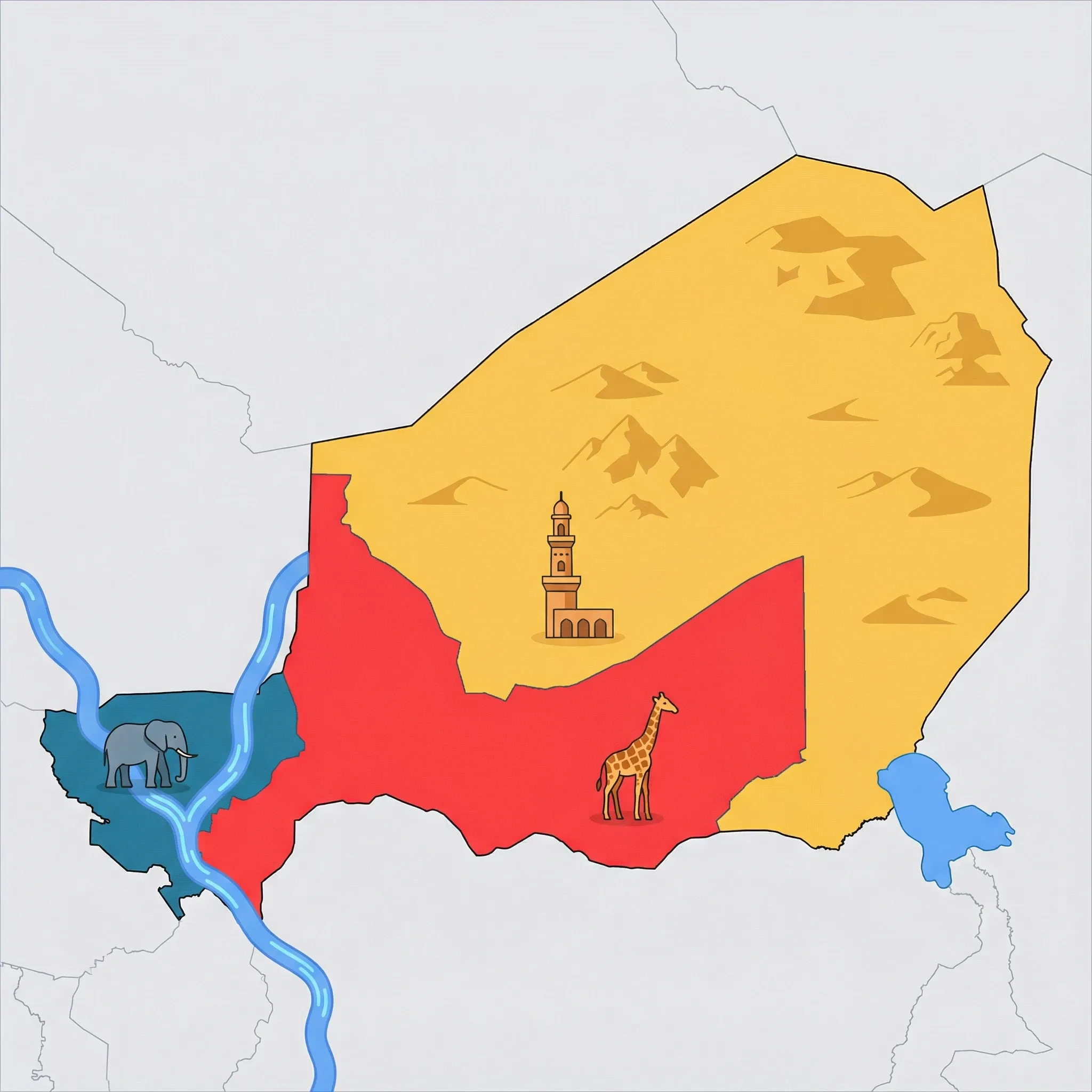 Colourful illustrated map of Niger showing 3 tourist regions including W National Park, Niamey & South, Agadez & Sahara, decorated with iconic landmarks like African Elephant, West African Giraffe, and Agadez Grand Mosque Minaret, with geographic features including Niger River, Aïr Mountains, Ténéré Desert, and Lake Chad.