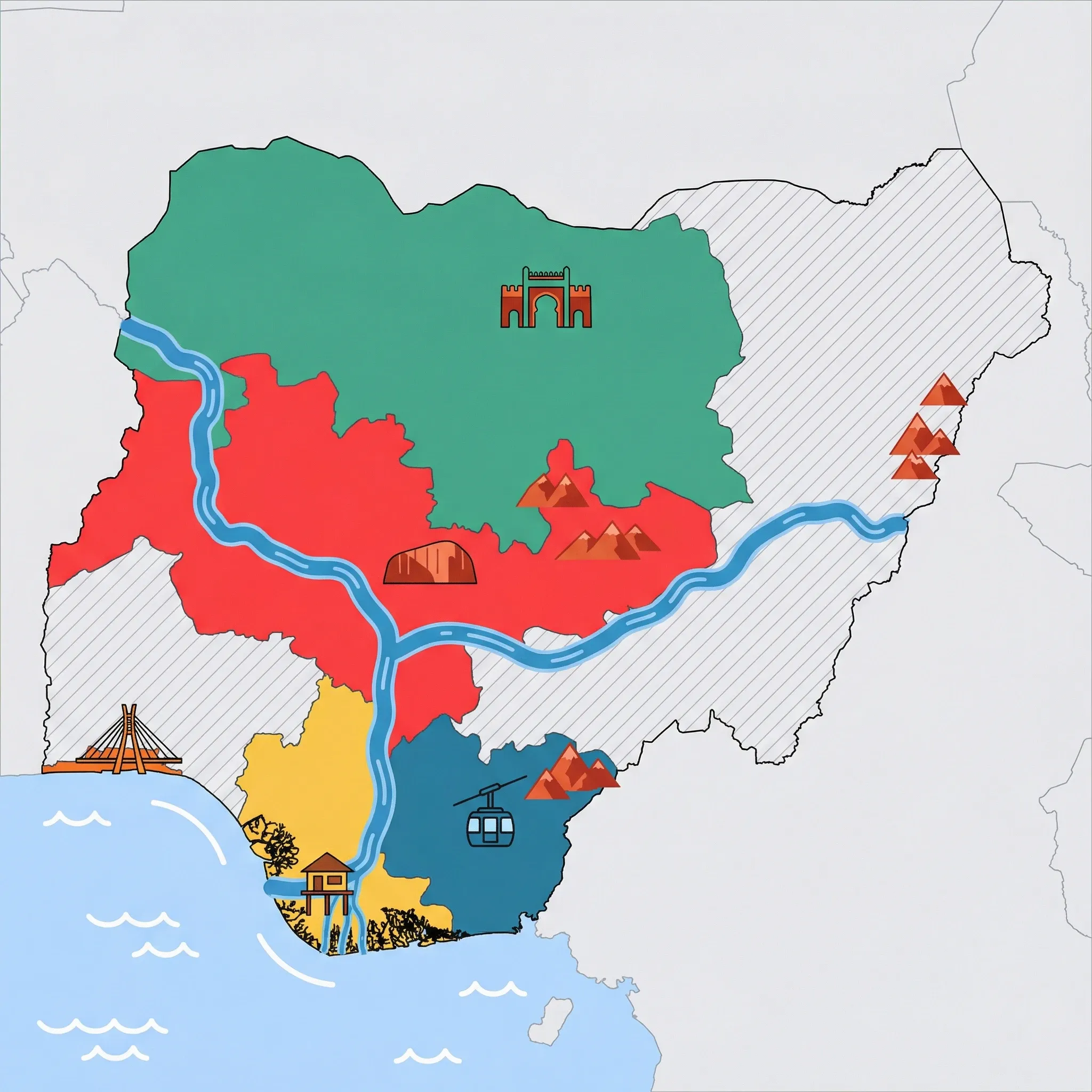 Colourful illustrated map of Nigeria showing 5 tourist regions including Lagos, Abuja & Central, and Southeast (Calabar), decorated with iconic landmarks like Lekki-Ikoyi Link Bridge, Zuma Rock, Obudu Cable Car, Ancient Kano City Gates, and Mangrove Stilt House, with geographic features including Niger River, Benue River, Lake Chad, and Niger Delta.