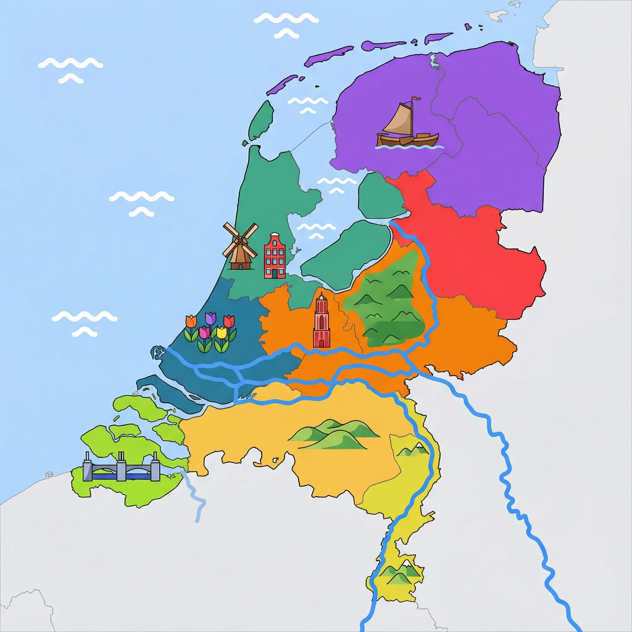 Colourful illustrated map of Netherlands showing 7 tourist regions including Rotterdam & South Holland, Friesland & North, and Utrecht & Central Netherlands, decorated with iconic landmarks like Keukenhof Tulips, Frisian Skûtsje Boat, Dom Tower, Gabled Canal House, and Rolling Marlstone Hills, with geographic features including North Sea, Wadden Sea, IJsselmeer, and Rhine River.