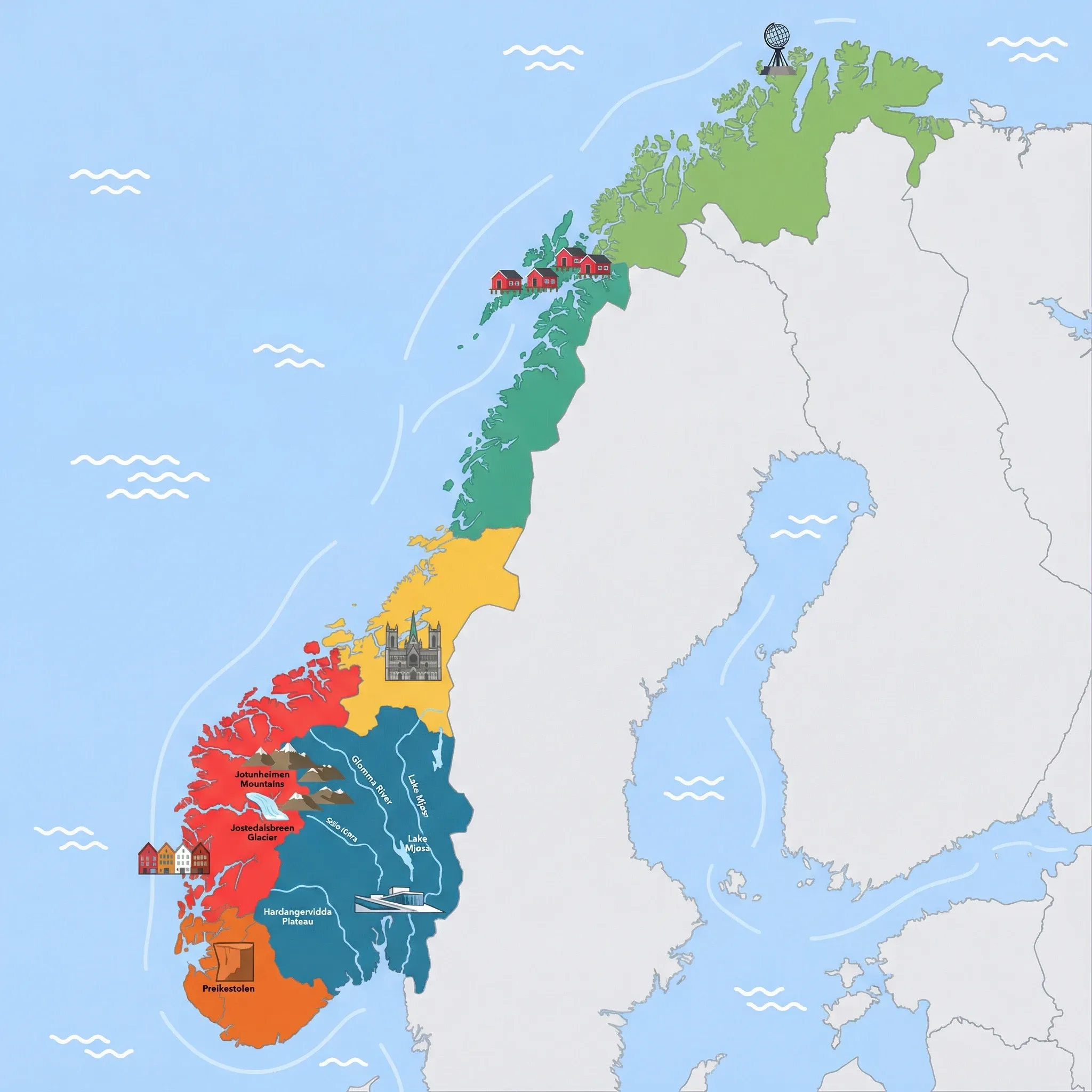 Colourful illustrated map of Norway showing 6 tourist regions including Trondheim & Central Norway, Oslo & Eastern Norway, and Bergen & Fjords (Sognefjord, Hardangerfjord, Geirangerfjord), decorated with iconic landmarks like Nidaros Cathedral, Oslo Opera House, Bryggen Hanseatic Wharf, Rorbuer (Red Fisherman Cabins), and Preikestolen (Pulpit Rock), with geographic features including Sognefjord, Jotunheimen Mountains, Hardangervidda Plateau, and Glomma River.