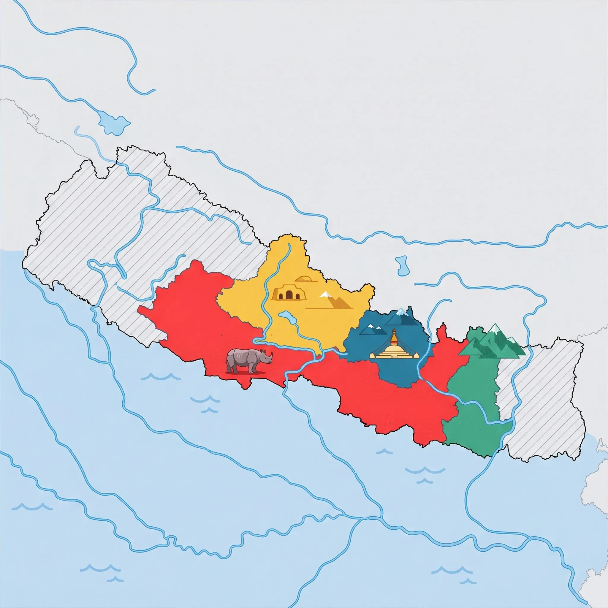 Colourful illustrated map of Nepal showing 4 tourist regions including Chitwan & Terai, Pokhara, Annapurna & Mustang, and Everest Region (Solu Khumbu), decorated with iconic landmarks like One-horned Rhinoceros, Ancient Sky Caves, Mount Everest Summit, and Boudhanath Stupa, with geographic features including Himalayas, Mount Everest, Annapurna Massif, and Kali Gandaki River.