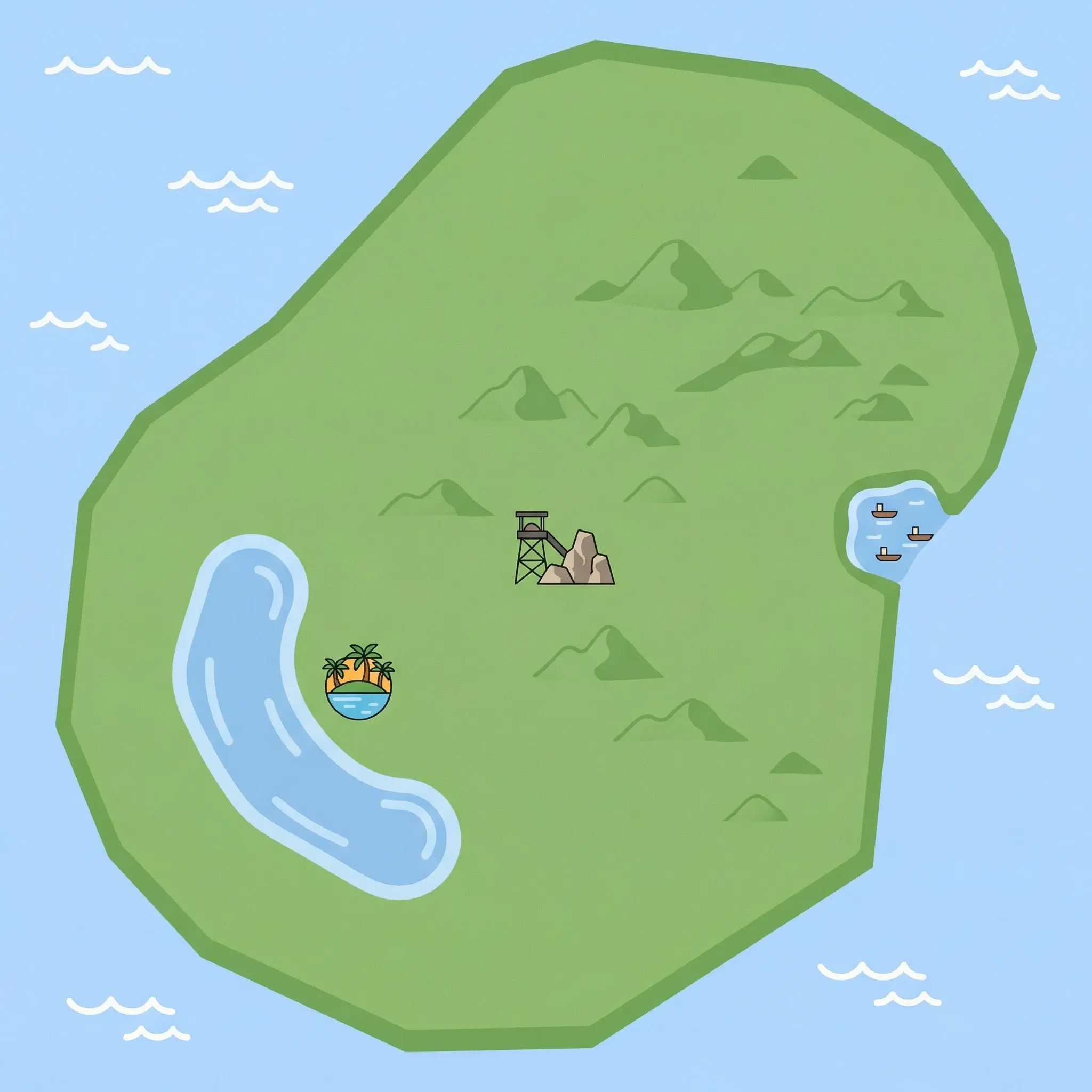 Colourful illustrated map of Nauru showing 1 tourist regions including Nauru, decorated with iconic landmarks like Anibare Bay, Phosphate Mining Heritage Sites, and Buada Lagoon, with geographic features including Buada Lagoon, Command Ridge, Central Plateau, and Anibare Bay.