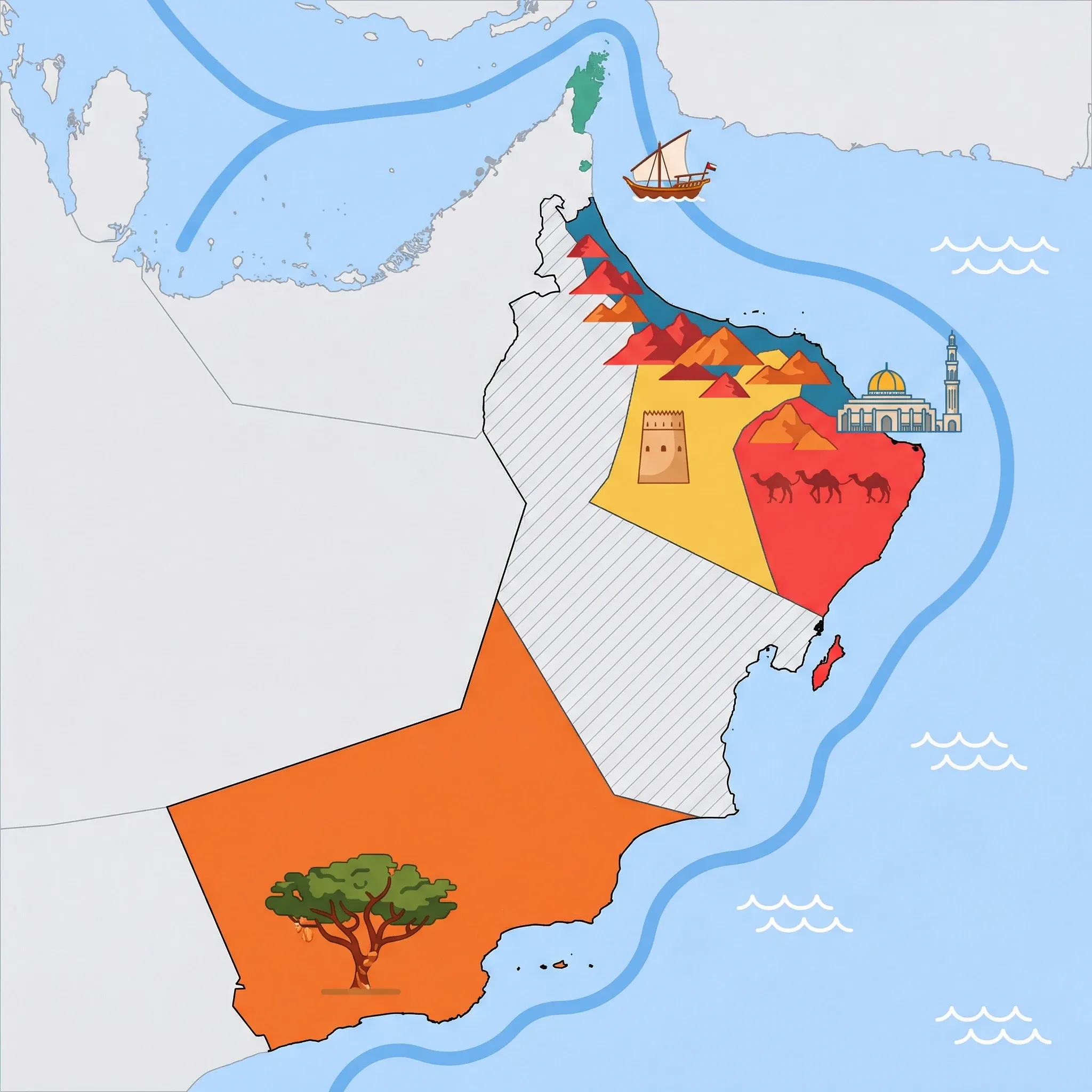 Colourful illustrated map of Oman showing 5 tourist regions including Musandam Peninsula, Wahiba Sands, and Muscat & Coast, decorated with iconic landmarks like Traditional Omani Dhow, Desert Camel Caravan, Sultan Qaboos Grand Mosque, Nizwa Round Fort Tower, and Frankincense Tree, with geographic features including Al Hajar Mountains, Rub' al Khali, Jebel Shams, and Arabian Sea.