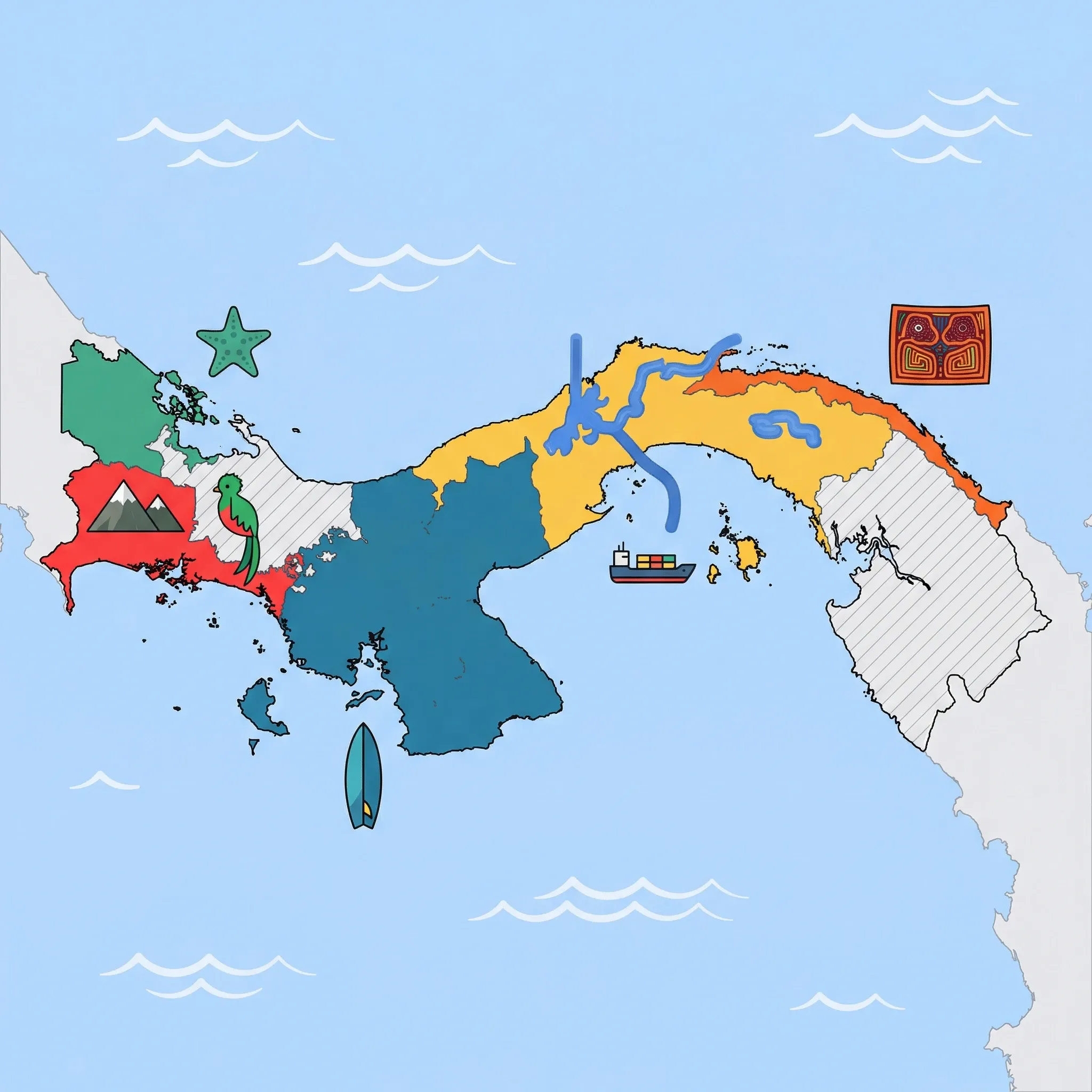 Colourful illustrated map of Panama showing 5 tourist regions including Boquete & Highlands, Pacific Beaches, and Bocas del Toro, decorated with iconic landmarks like Resplendent Quetzal, Surfboard, Starfish, Mola Textile Art, and Cargo Ship, with geographic features including Panama Canal, Gatun Lake, Volcán Barú, and Darien Gap.