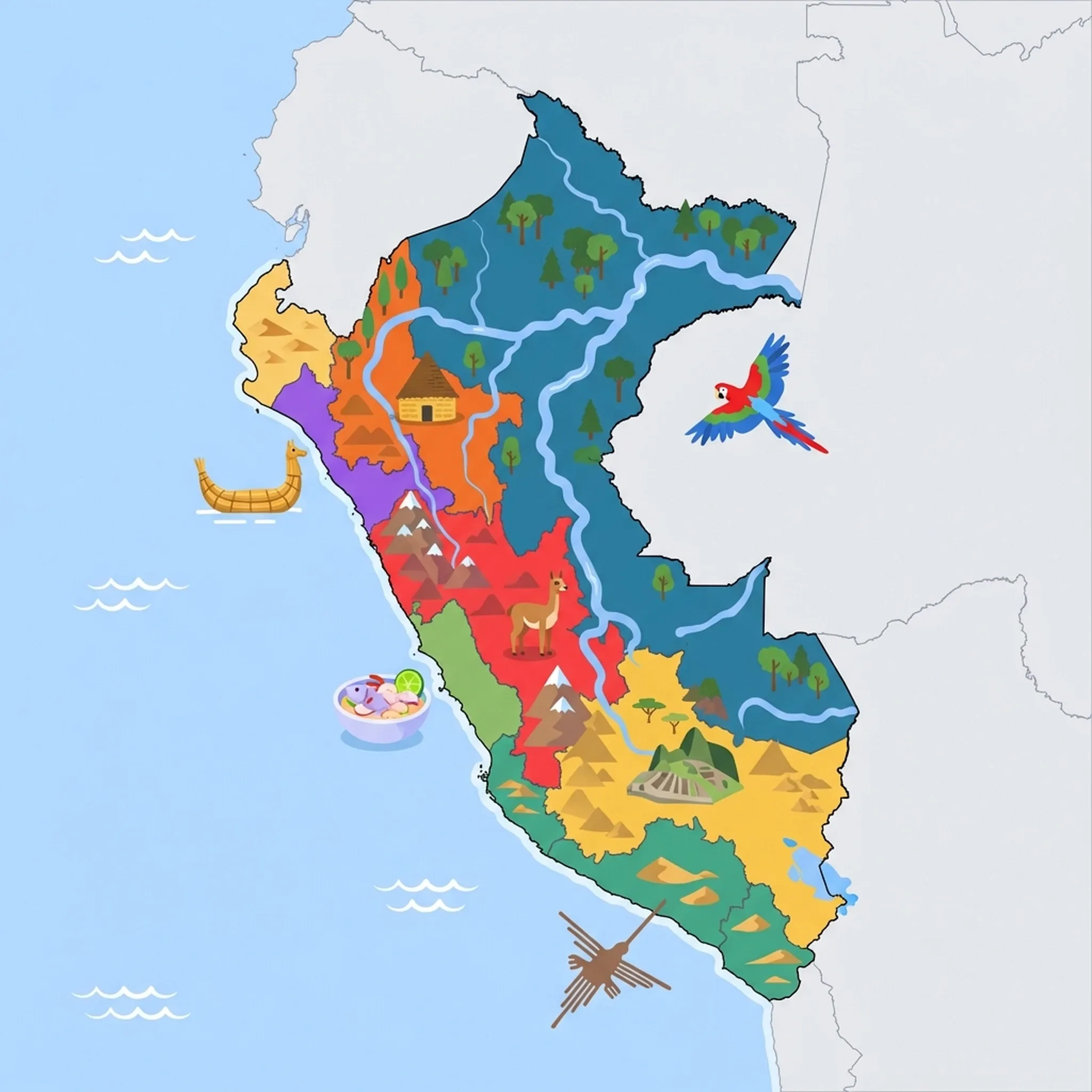 Colourful illustrated map of Peru showing 7 tourist regions including Southern Andes & Inca Heartland, Amazon Basin & Eastern Rainforest, and Southern Coast & Desert Valleys, decorated with iconic landmarks like Machu Picchu Citadel, Scarlet Macaw, Nazca Hummingbird Geoglyph, Ceviche Bowl, and Kuelap Roundhouse, with geographic features including Andes Mountains, Amazon River, Lake Titicaca, and Colca Canyon.