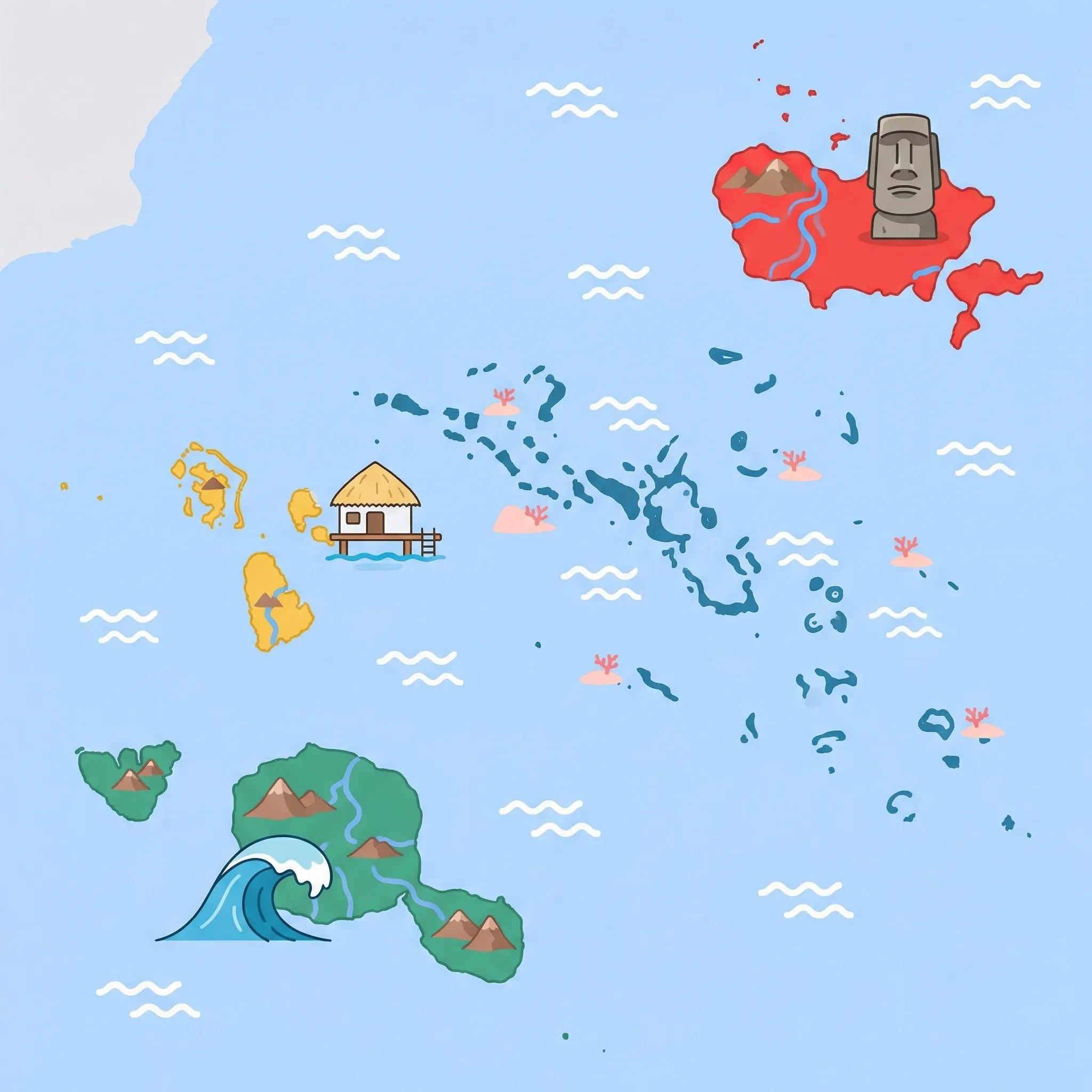 Colourful illustrated map of French Polynesia showing 4 tourist regions including Tuamotu Atolls (Rangiroa, Fakarava), Marquesas Islands, and Leeward Islands (Bora Bora, Huahine, Raiatea), decorated with iconic landmarks like Pink Sand Beach, Stone Tiki Statue, Overwater Bungalow, and Teahupo'o Surf Wave, with geographic features including Mount Orohena, Mount Otemanu, Society Islands, and Tuamotu Archipelago.